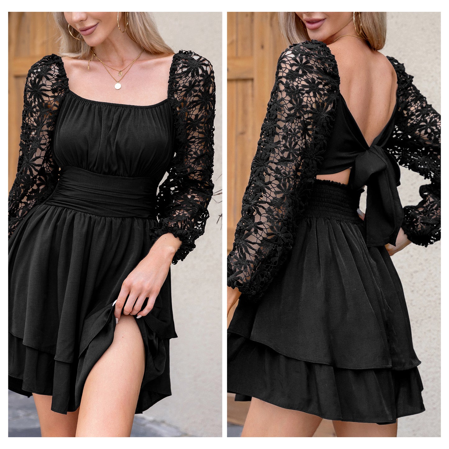 KRDR302EXLURA Women’s Lace Long Puff Sleeve Mini Dress Square Neck Backless Short Swing Party Dress Tie Back Bridesmaid Wedding Guest Dresses