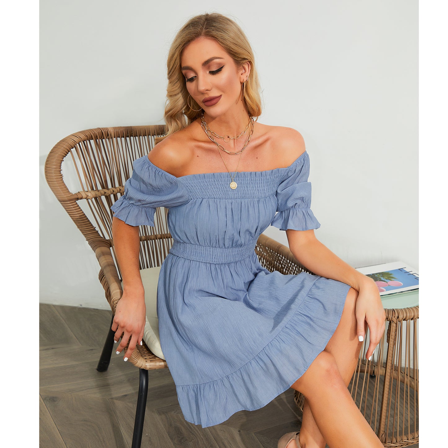 Exlura Women’s High Waist Square Neck Mini Dress Off Shoulder Smocked Puff Short Sleeve Summer Short Ruffle Dress