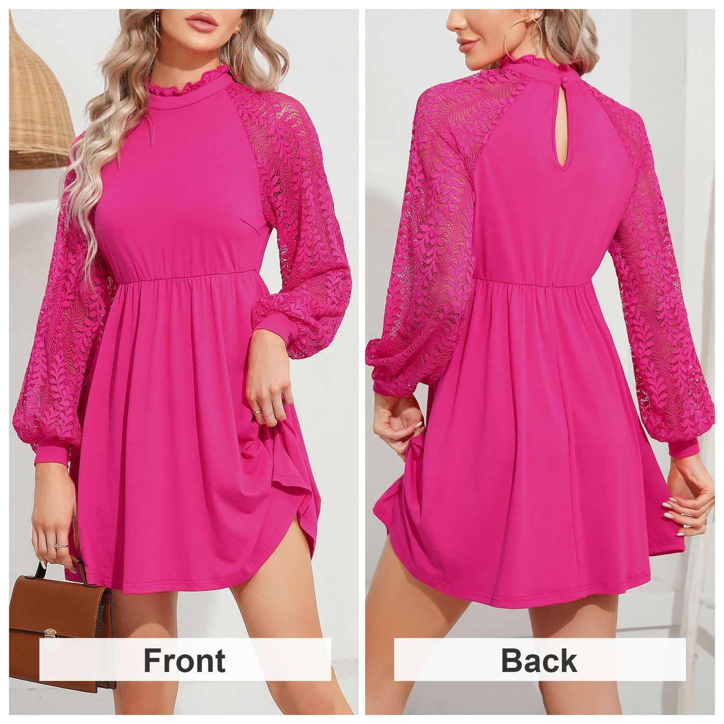 EXLURA Women’s Lace Tshirt Mini Dress Ruffle High Neck Long Puff Sleeve Swing Dress Flowy Wedding Guest Dresses