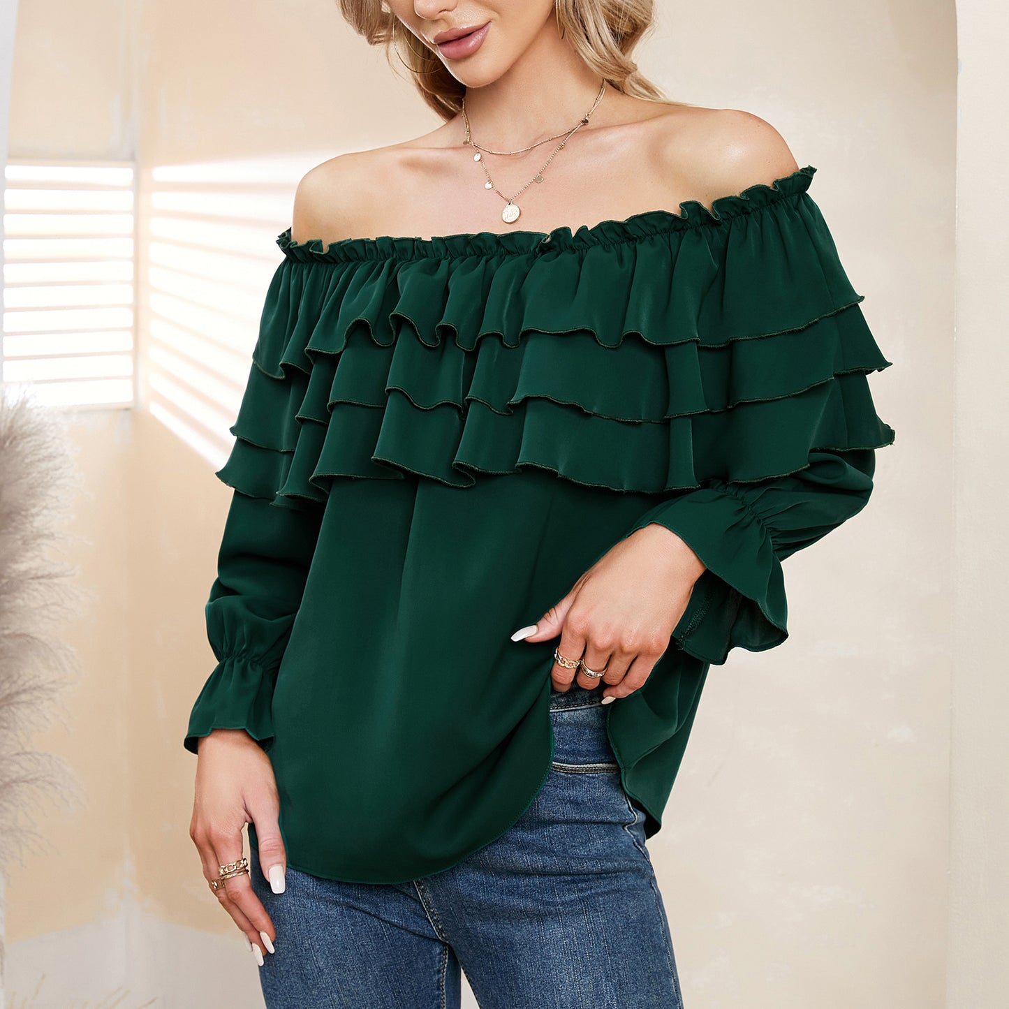 Byinns Women’s Off The Shoulder Layered Ruffle Tops Long Puff Sleeve Flowy Blouses Shirts Party Dressy Tops