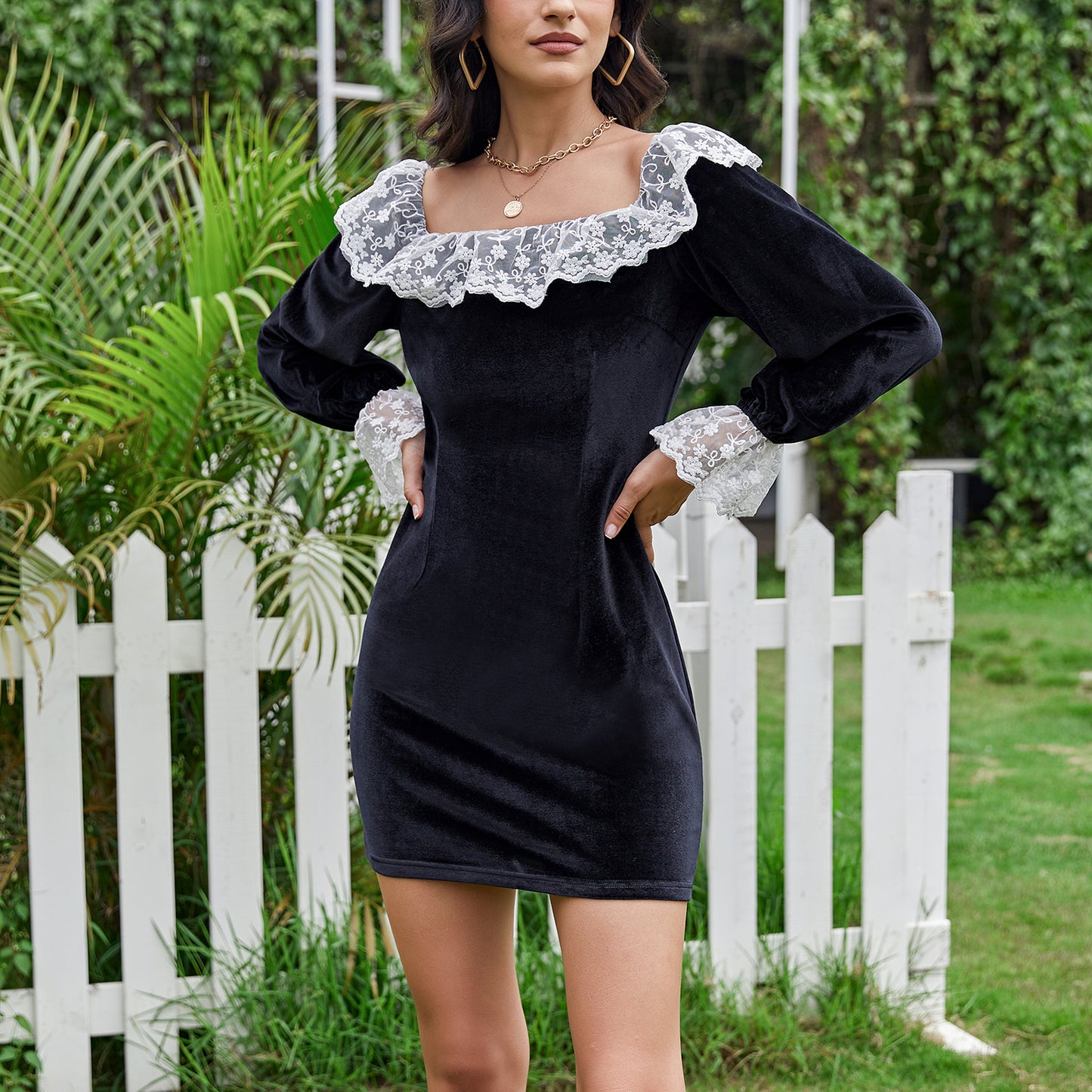 Exlura Women’s Lace Ruffle Velvet Mini Dress Square Neck Long Lantern Sleeve Victorian Dress Club Cocktail Party Bodycon Dress