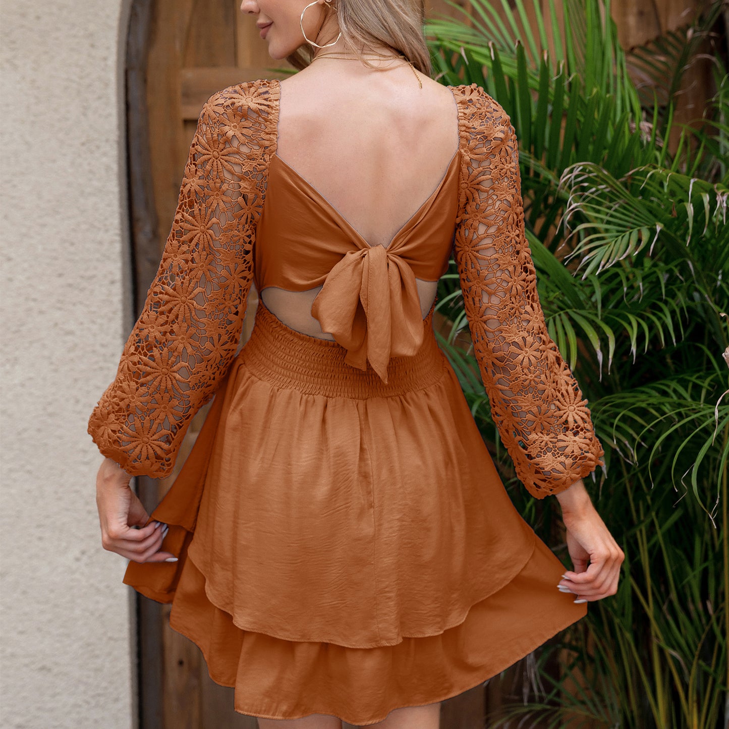 KRDR302EXLURA Women’s Lace Long Puff Sleeve Mini Dress Square Neck Backless Short Swing Party Dress Tie Back Bridesmaid Wedding Guest Dresses