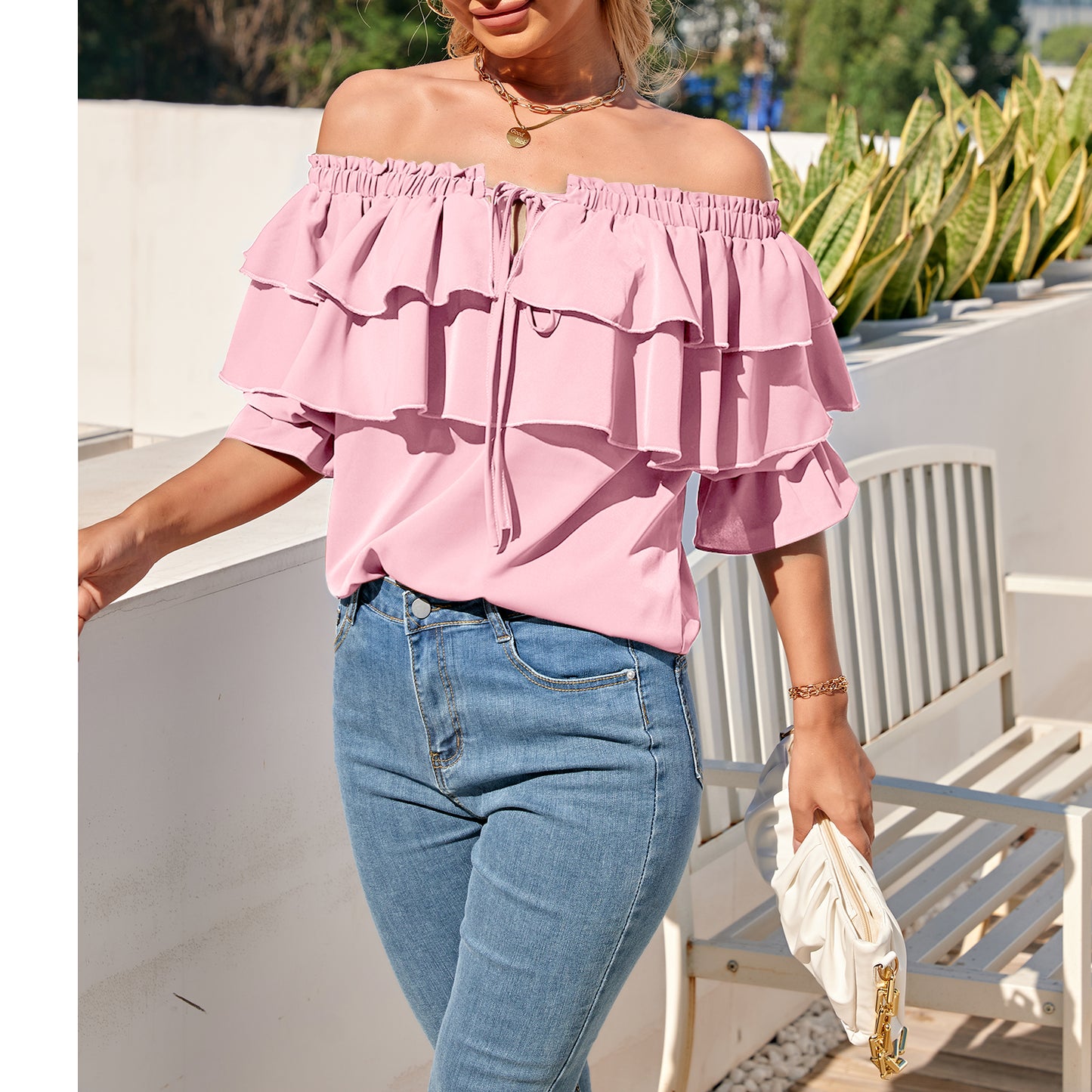 Off Shoulder Ruffle Long Sleeve Blouses Casual Layered Tops