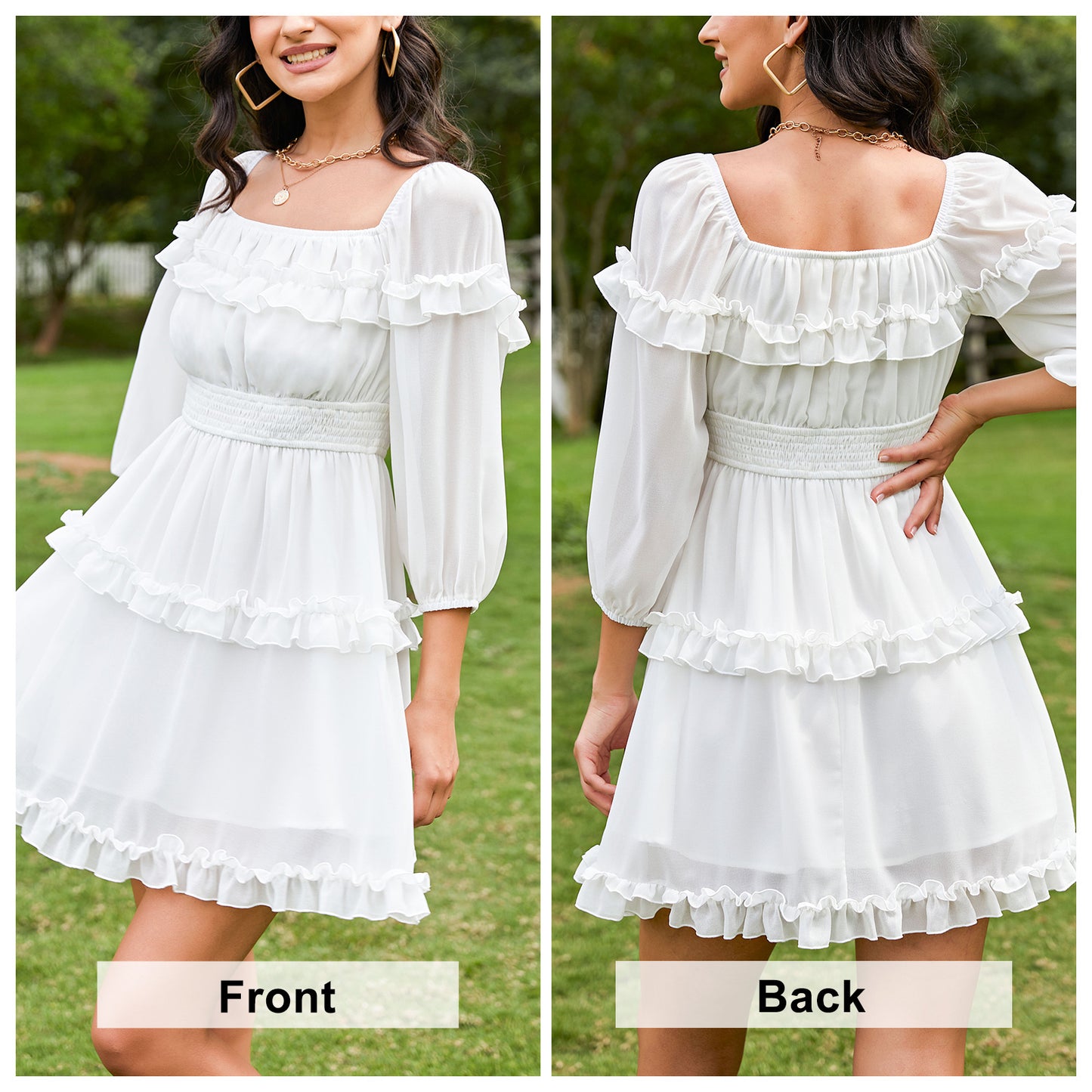 EXLURA Women's Short Mini Dress Square Neck A Line Long Sleeve Dress Tiered Ruffle Boho Wedding Guest Dress