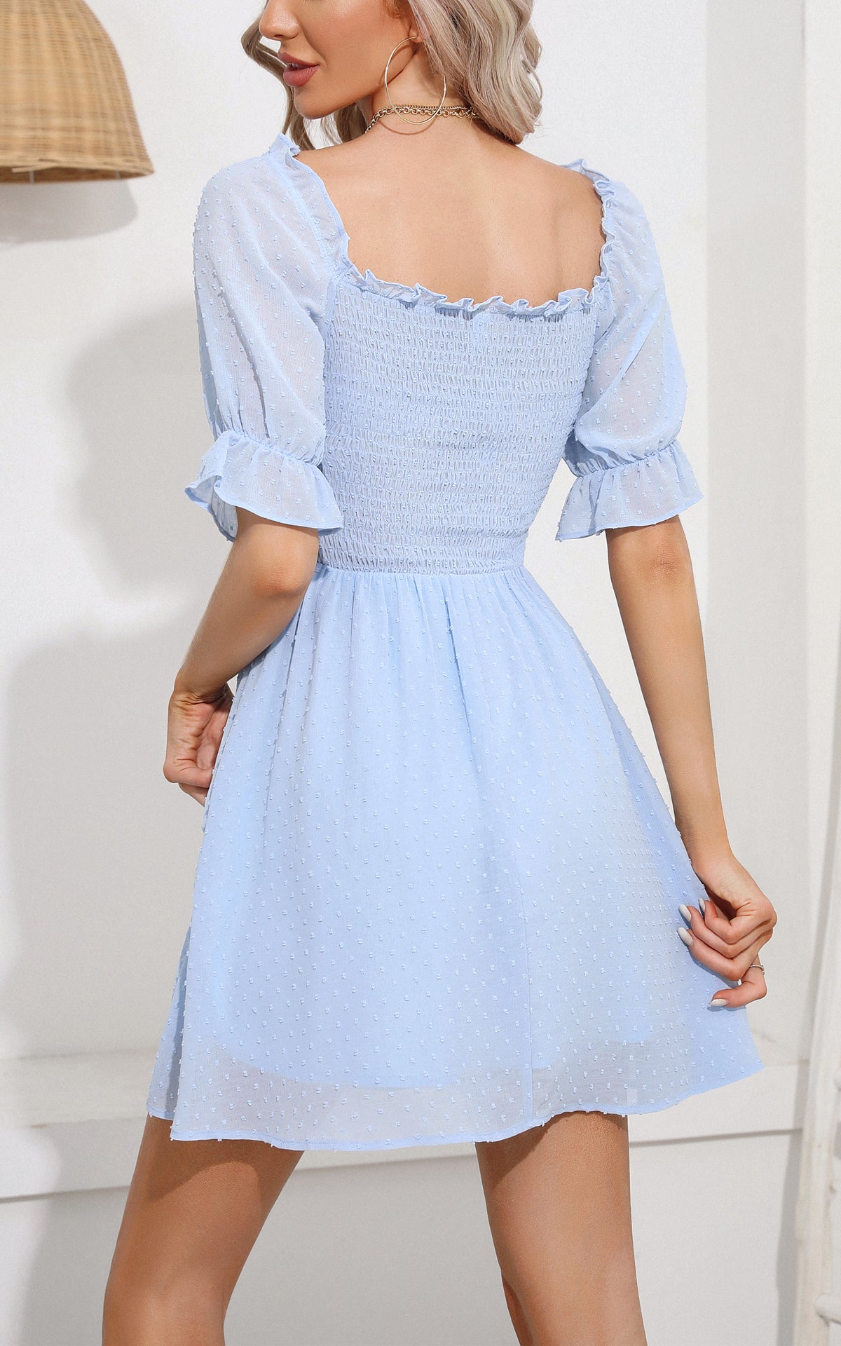 Summer Mini Dress - Sweetheart Neckline Swiss Dot Smocked Short Sleeve