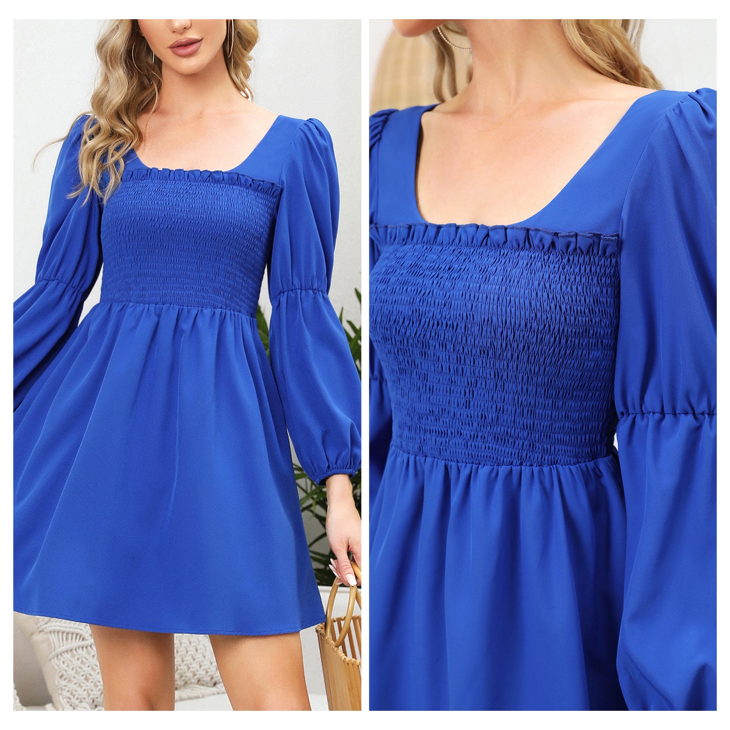 EXLURA Women’s Long Puff Sleeve Dress with Pockets Smocked Ruffle Square Neck Mini Dress Babydoll Vintage Cocktail Party Dress