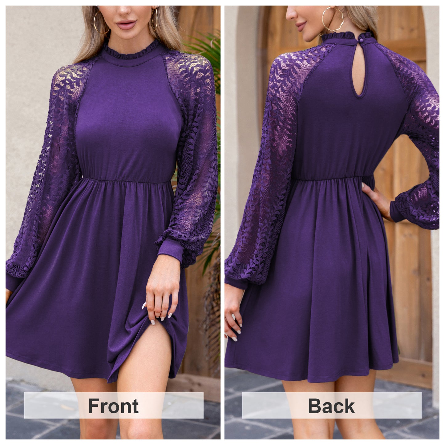 EXLURA Women’s Lace Tshirt Mini Dress Ruffle High Neck Long Puff Sleeve Swing Dress Flowy Wedding Guest Dresses