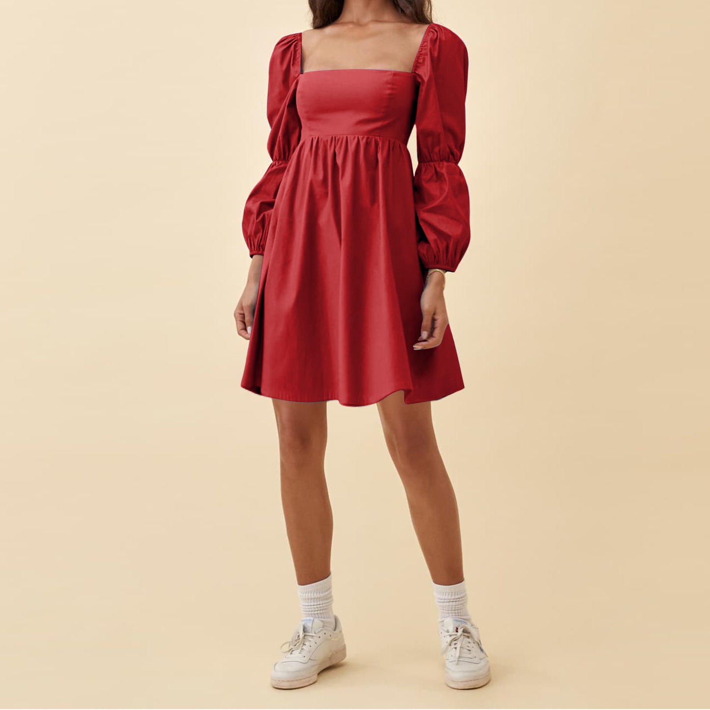 Square Neck Dress Long Puff Sleeve A-Line Casual Short Mini Dress