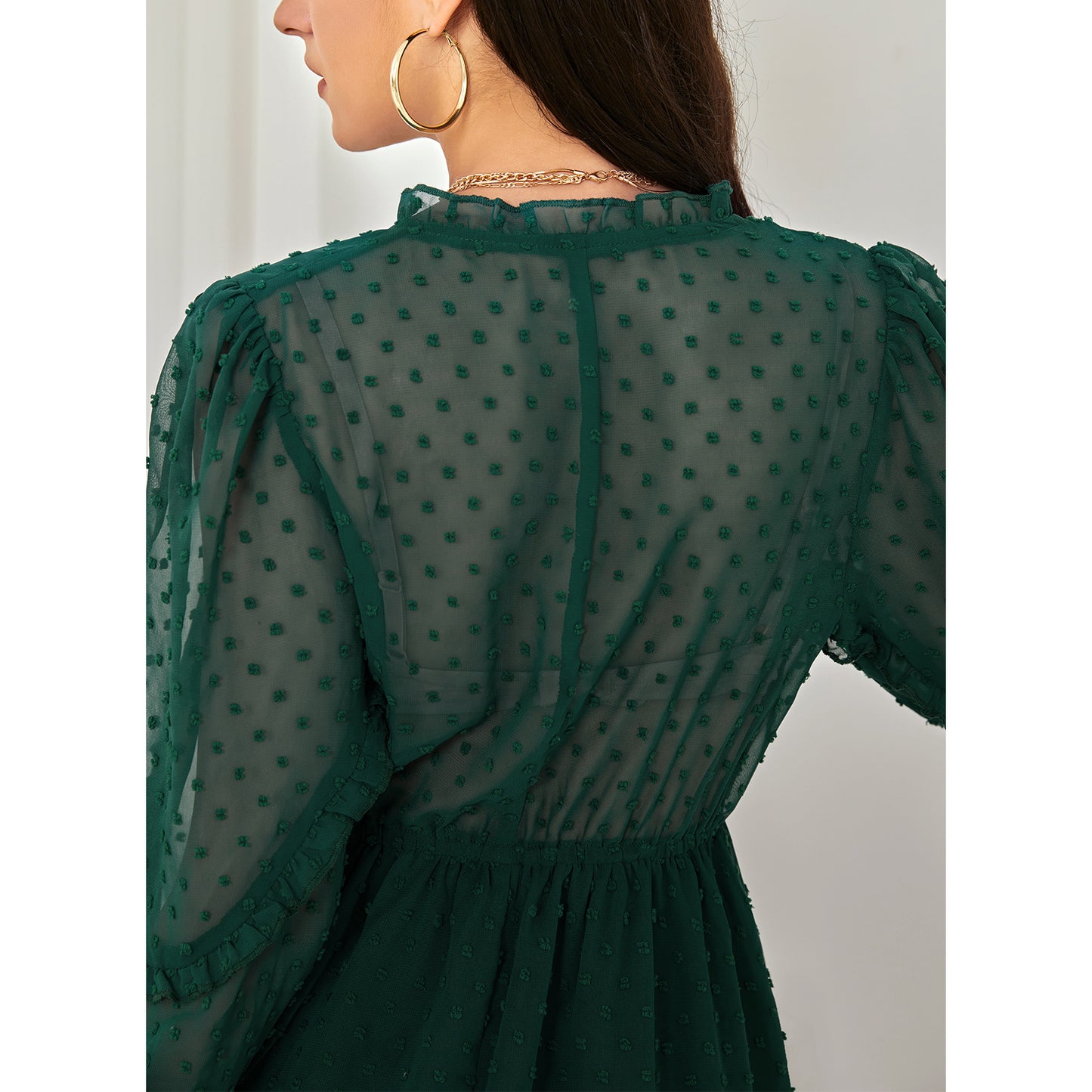 BYINNS Women’s Swiss Dot V Neck Ruffle Mini Dress Long Puff Sleeve Dress Elegant Vintage Cocktail Wedding Guest Dress