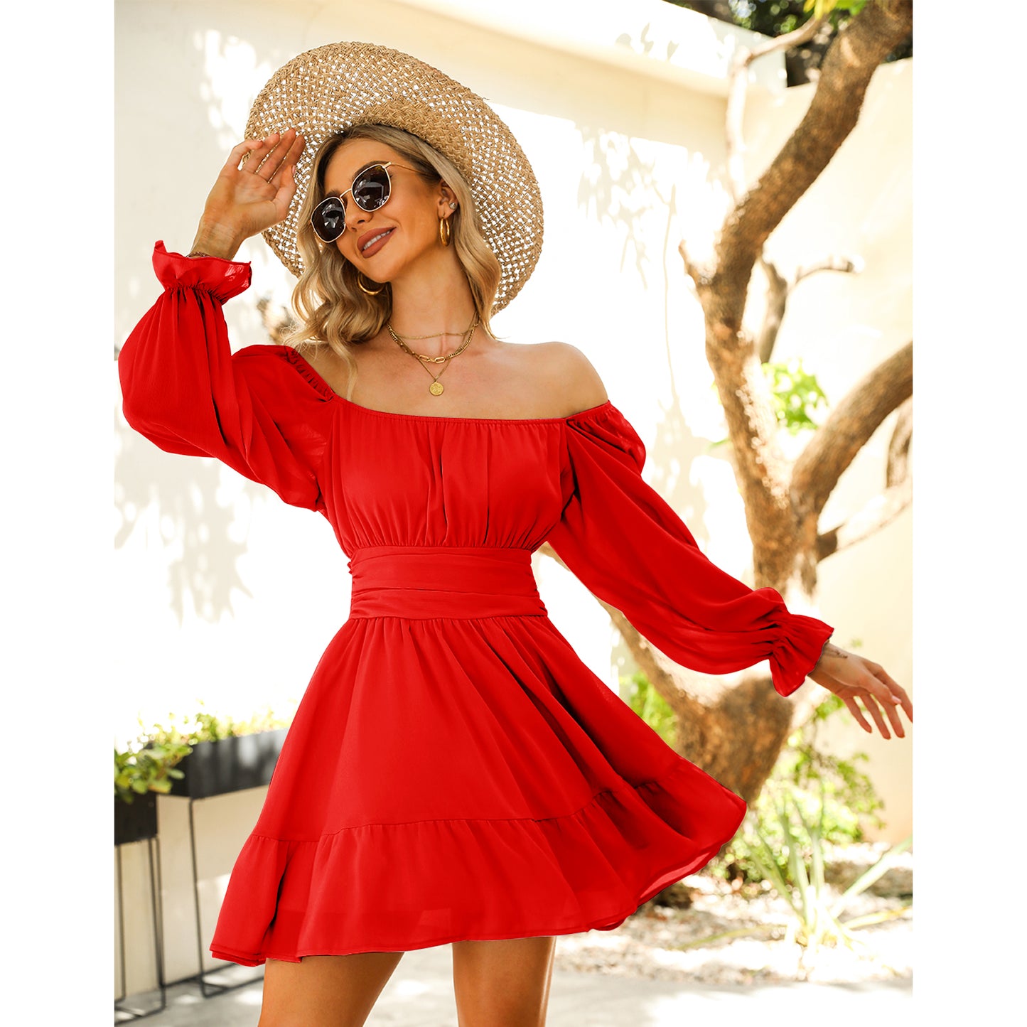 Long Lantern Sleeve Square Neck Dress Elastic Waist Aline Casual Mini Dress