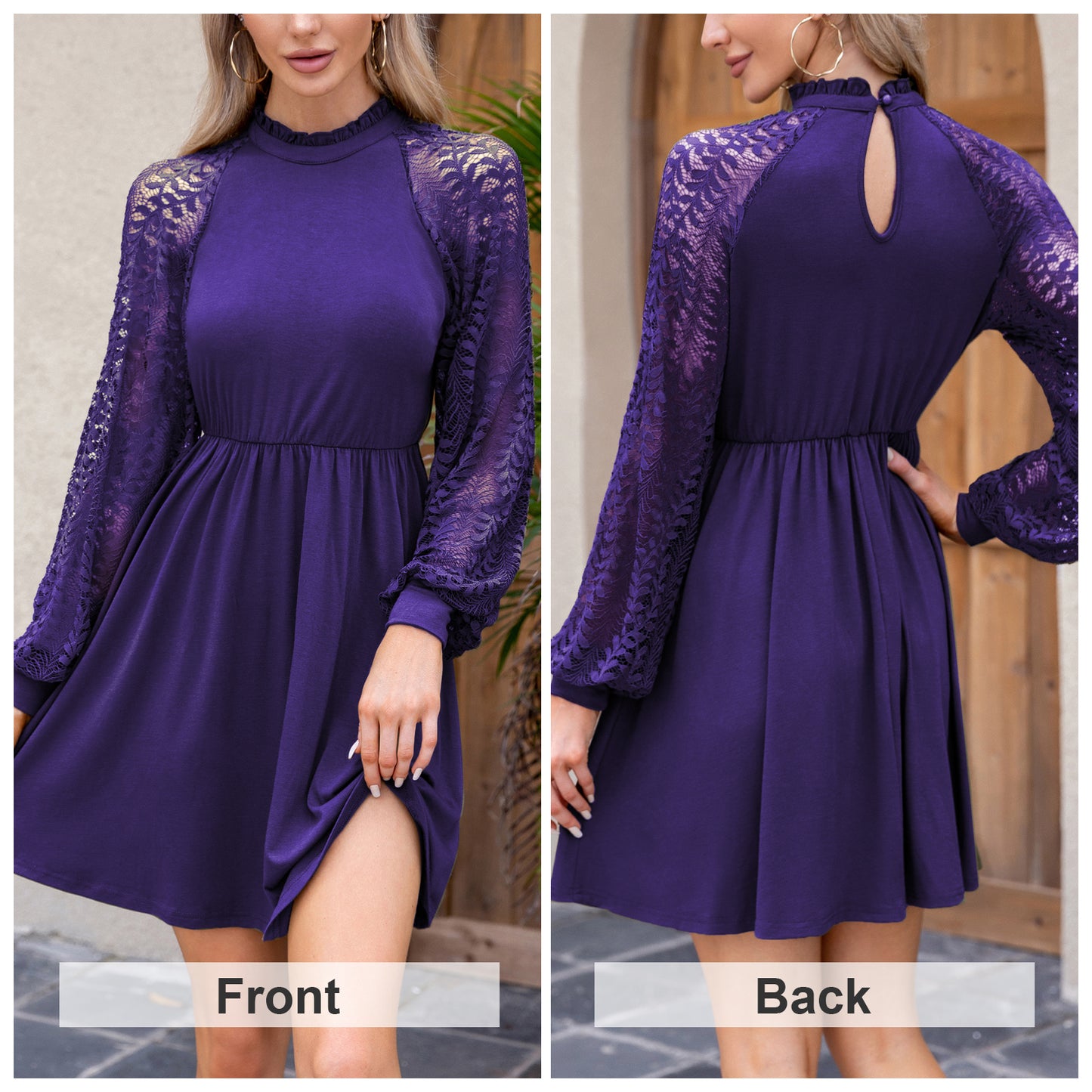 EXLURA Women’s Lace Tshirt Mini Dress Ruffle High Neck Long Puff Sleeve Swing Dress Flowy Wedding Guest Dresses