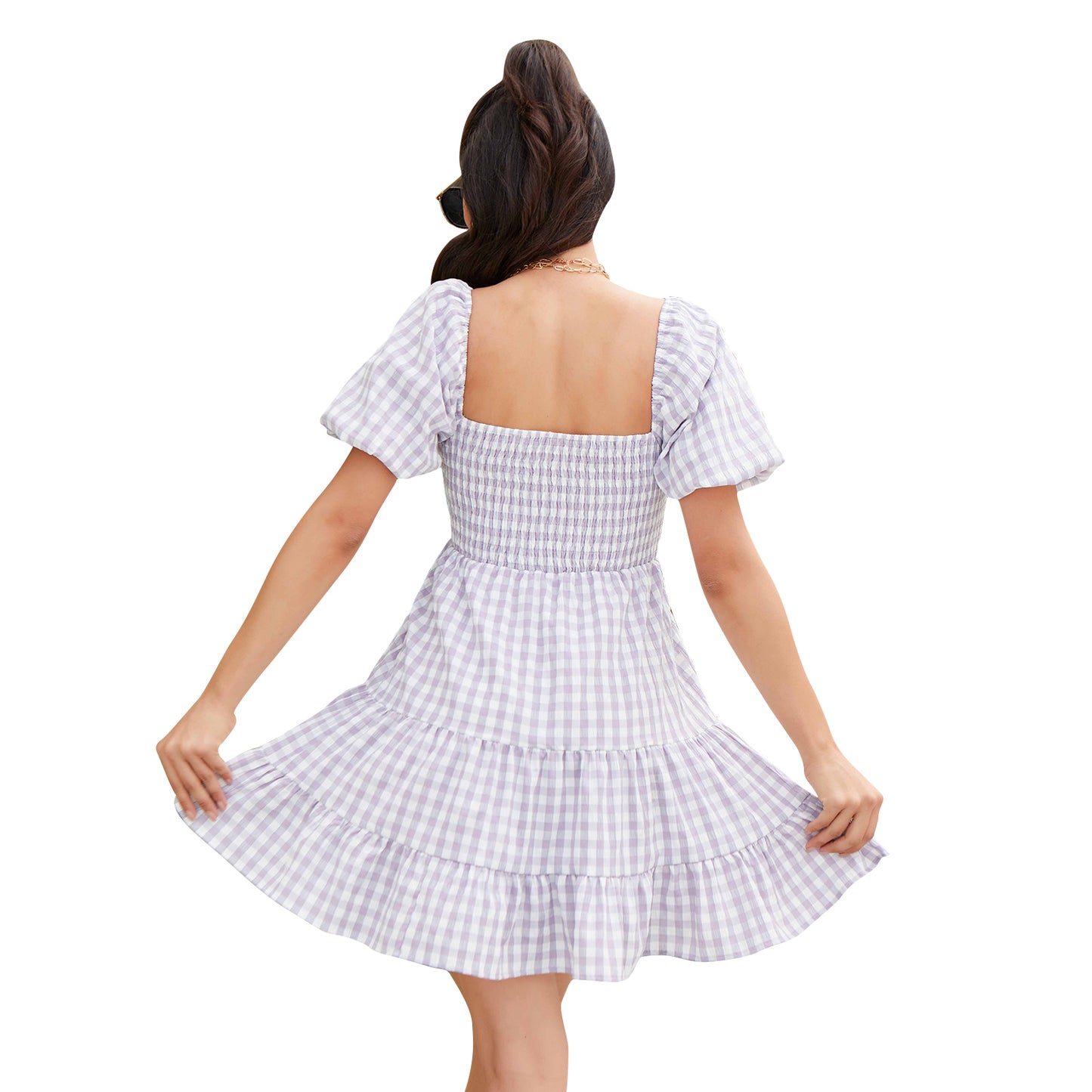 Exlura Women’s Off Shoulder Round Neck Dress Puff Short Sleeve Ruffle Plaid Tiered Swing Mini Dress Sundress