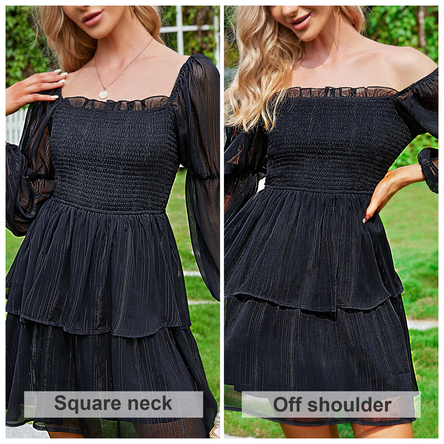 Exlura Women’s Smocked Ruffle Vintage Mini Dress Layered Square Neck Long Puff Sleeve Dress Elegant Glitter Cocktail Party Dress