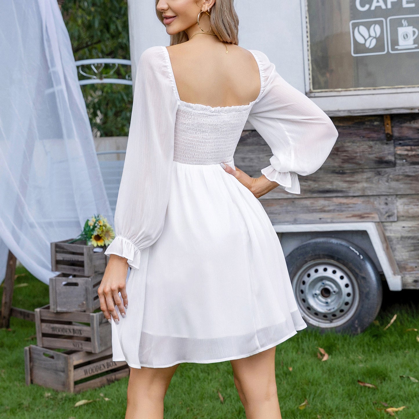 EXLURA Women’s Drawstring Mini Dress Sweetheart Neckline Smocked Flowy Dress Puff Long Sleeve Ruffle Cute Wedding Guest Dress