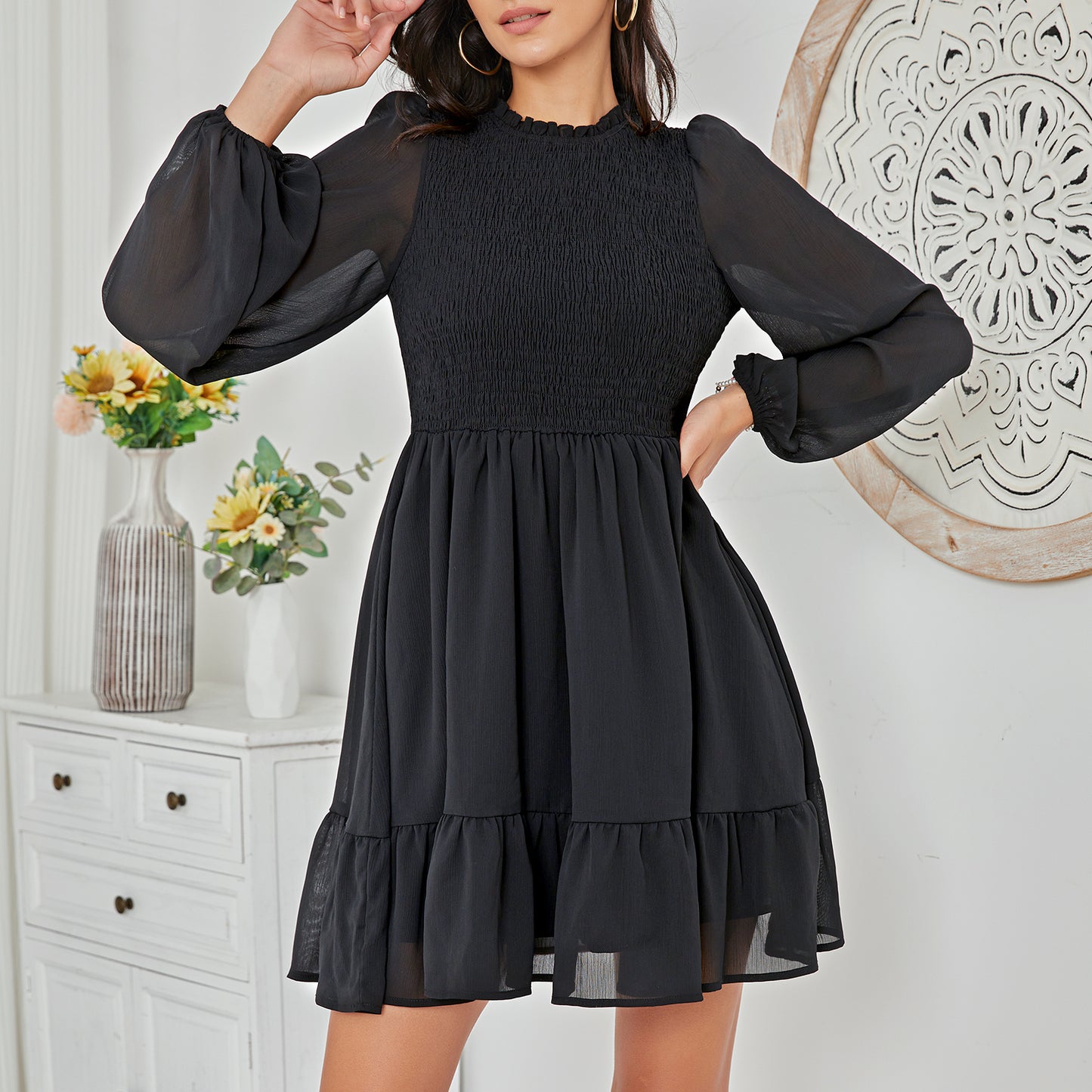 Exlura Women’s Vintage Mini Dress Round Neck Long Lantern Sleeve Ruffle Dress Cute Babydoll Casual Dresses