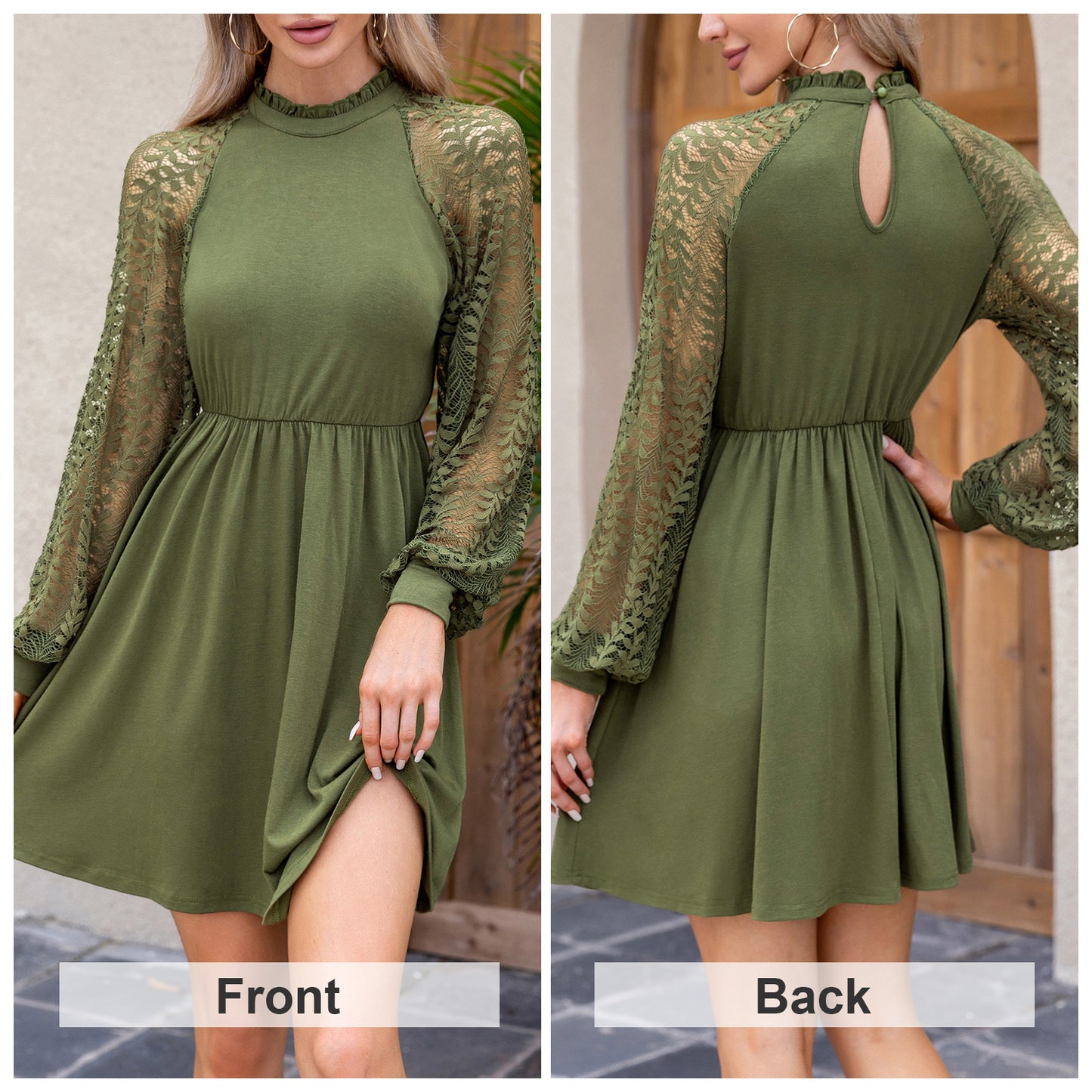 EXLURA Women’s Lace Tshirt Mini Dress Ruffle High Neck Long Puff Sleeve Swing Dress Flowy Wedding Guest Dresses