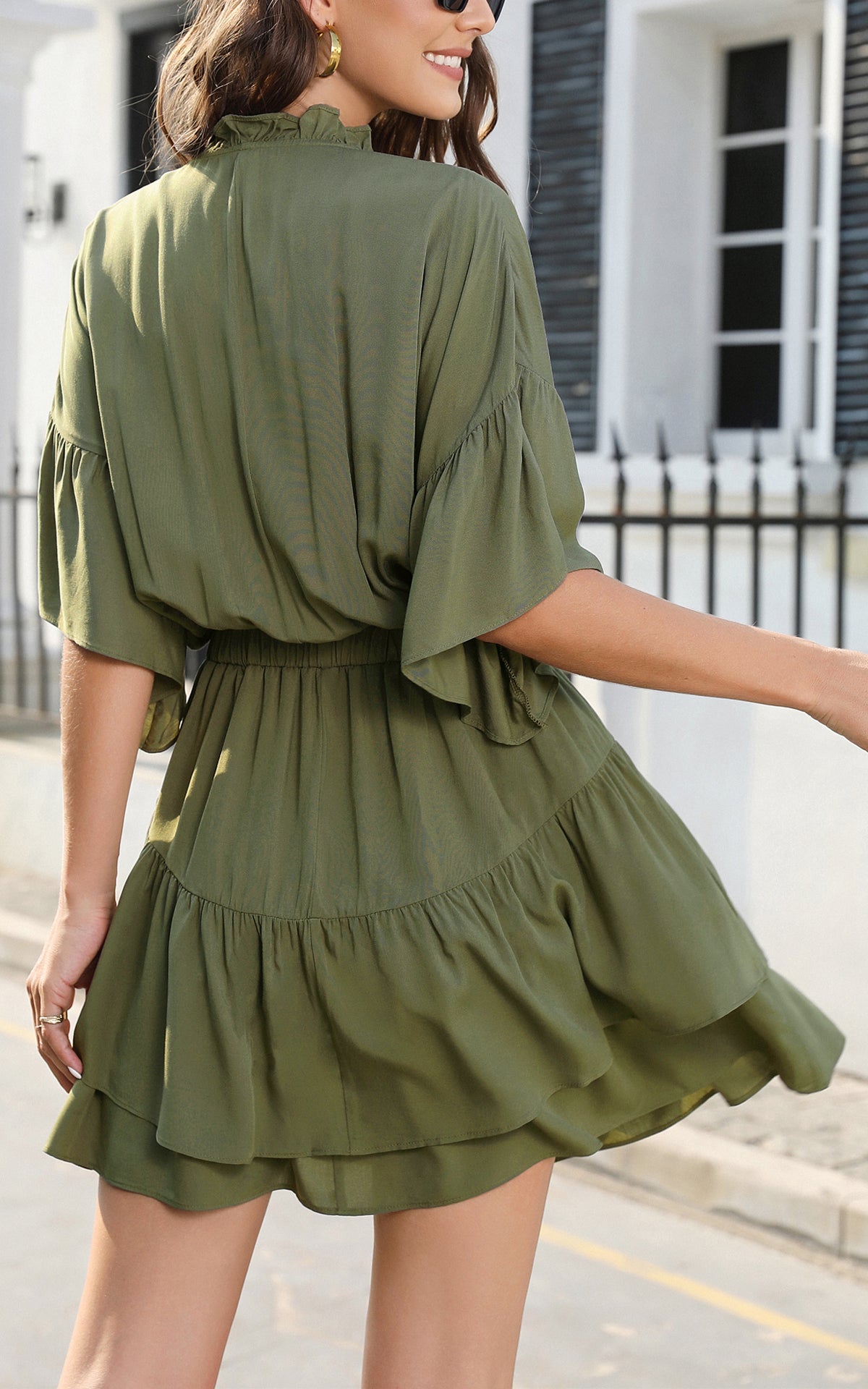 EXLURA Women’s Summer Boho Flowy Mini Dress - V Neck Short Bell Sleeve Layered Ruffle A Line Casual Wedding Guest Dress