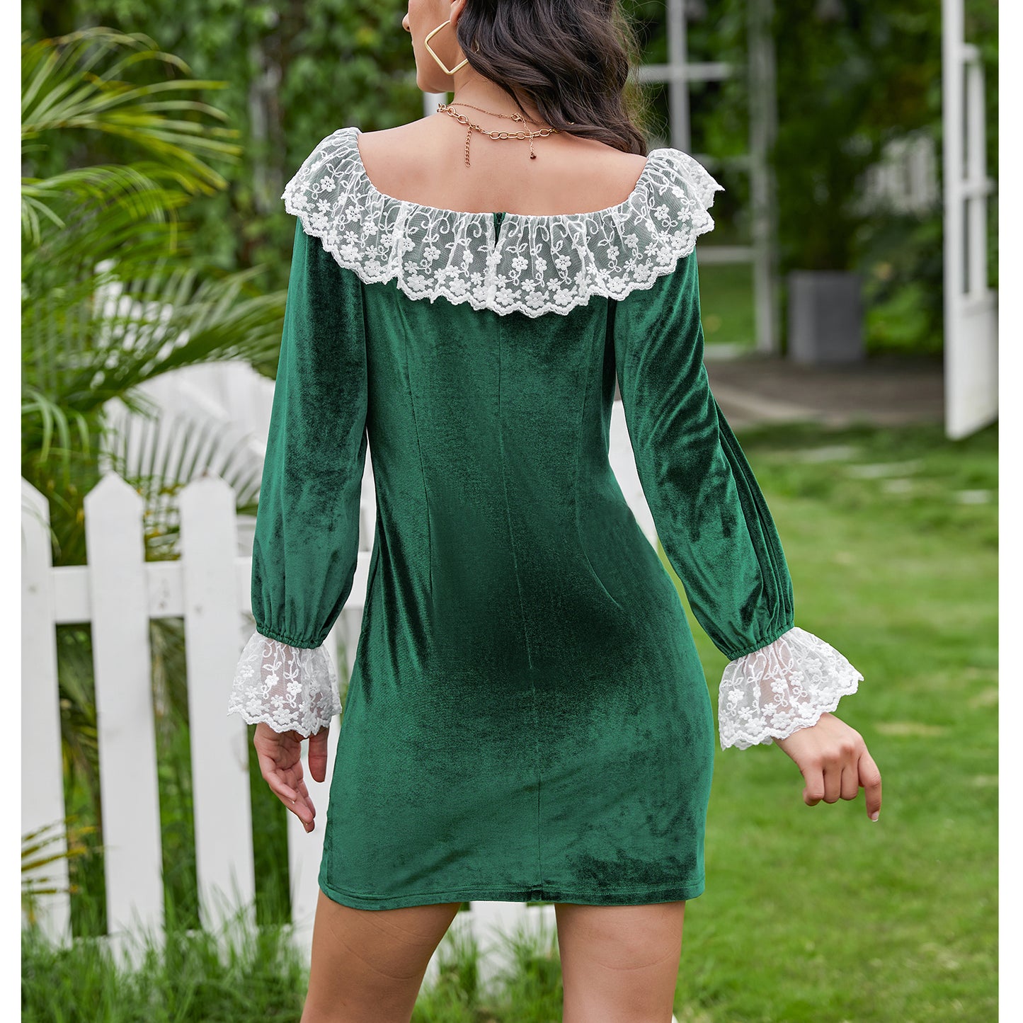 Exlura Women’s Lace Ruffle Velvet Mini Dress Square Neck Long Lantern Sleeve Victorian Dress Club Cocktail Party Bodycon Dress