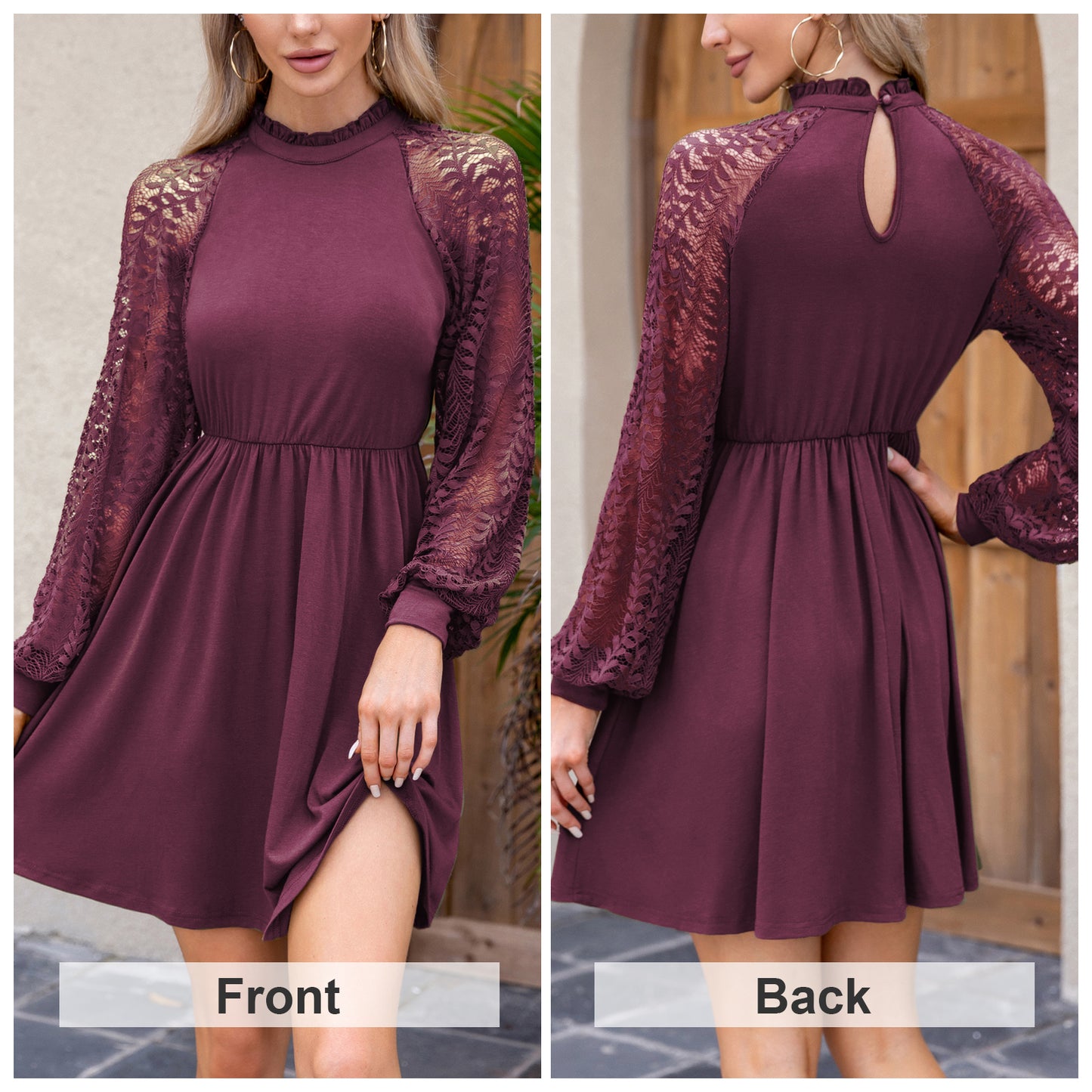 EXLURA Women’s Lace Tshirt Mini Dress Ruffle High Neck Long Puff Sleeve Swing Dress Flowy Wedding Guest Dresses