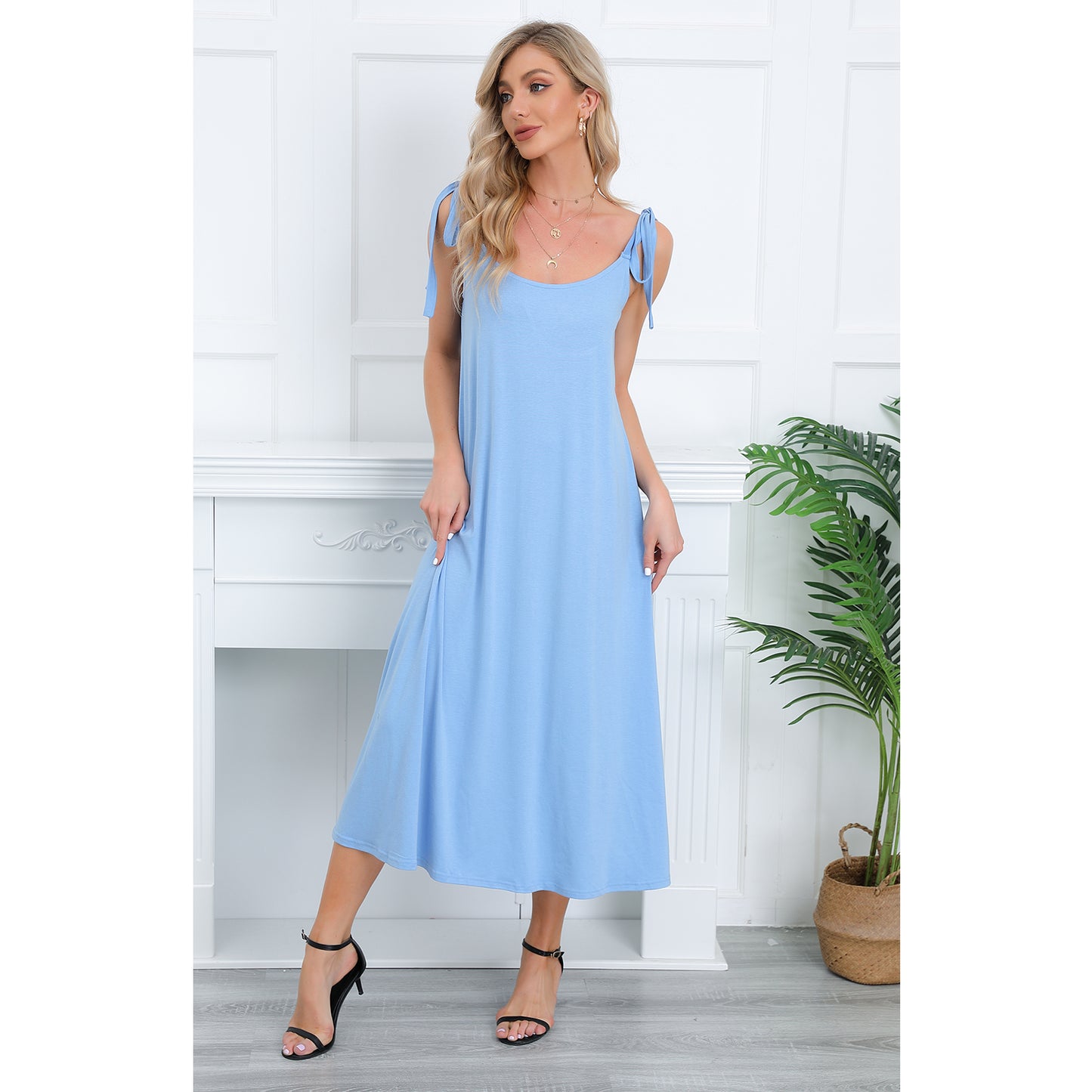 Exlura Women’s Scoop Neck Sleeveless T-Shirt Jersey Dress Tie Shoulder Strappy Backless Split Maxi House Dress