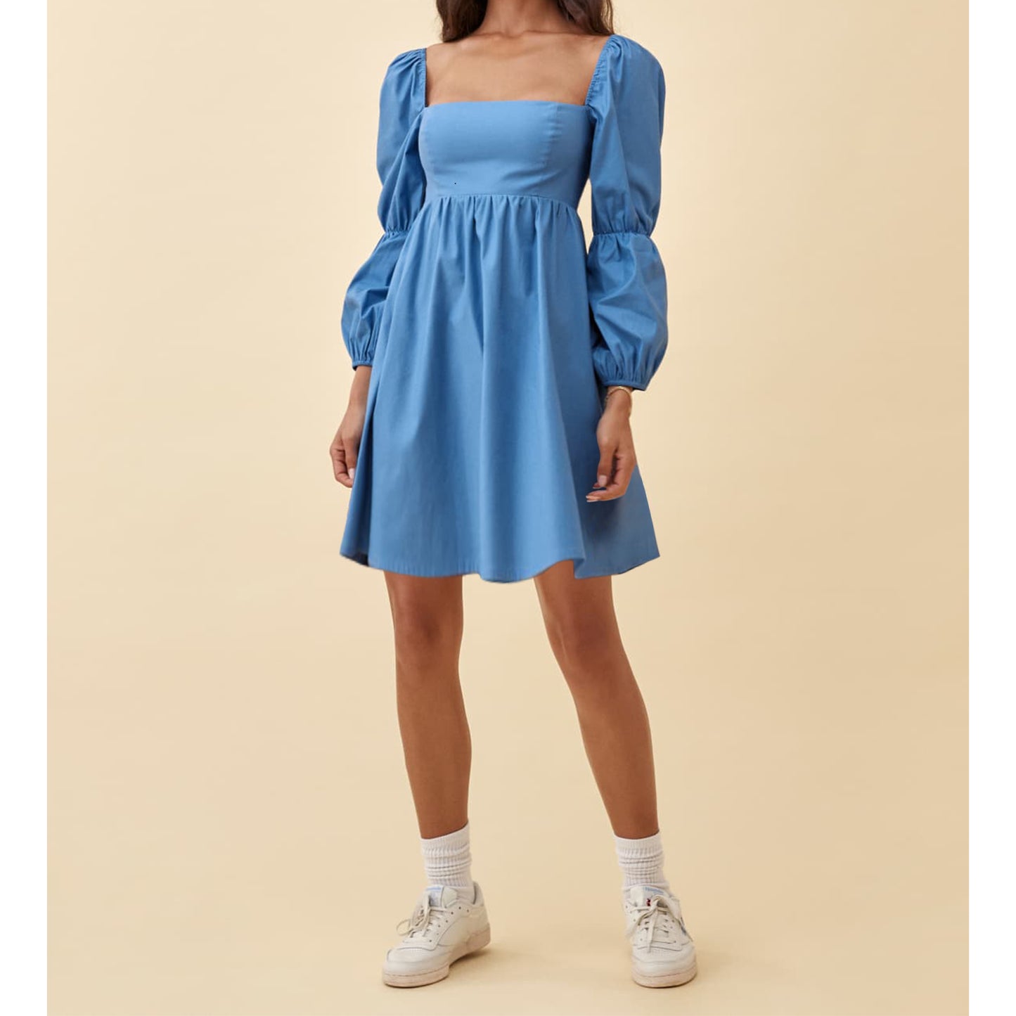 Square Neck Dress Long Puff Sleeve A-Line Casual Short Mini Dress