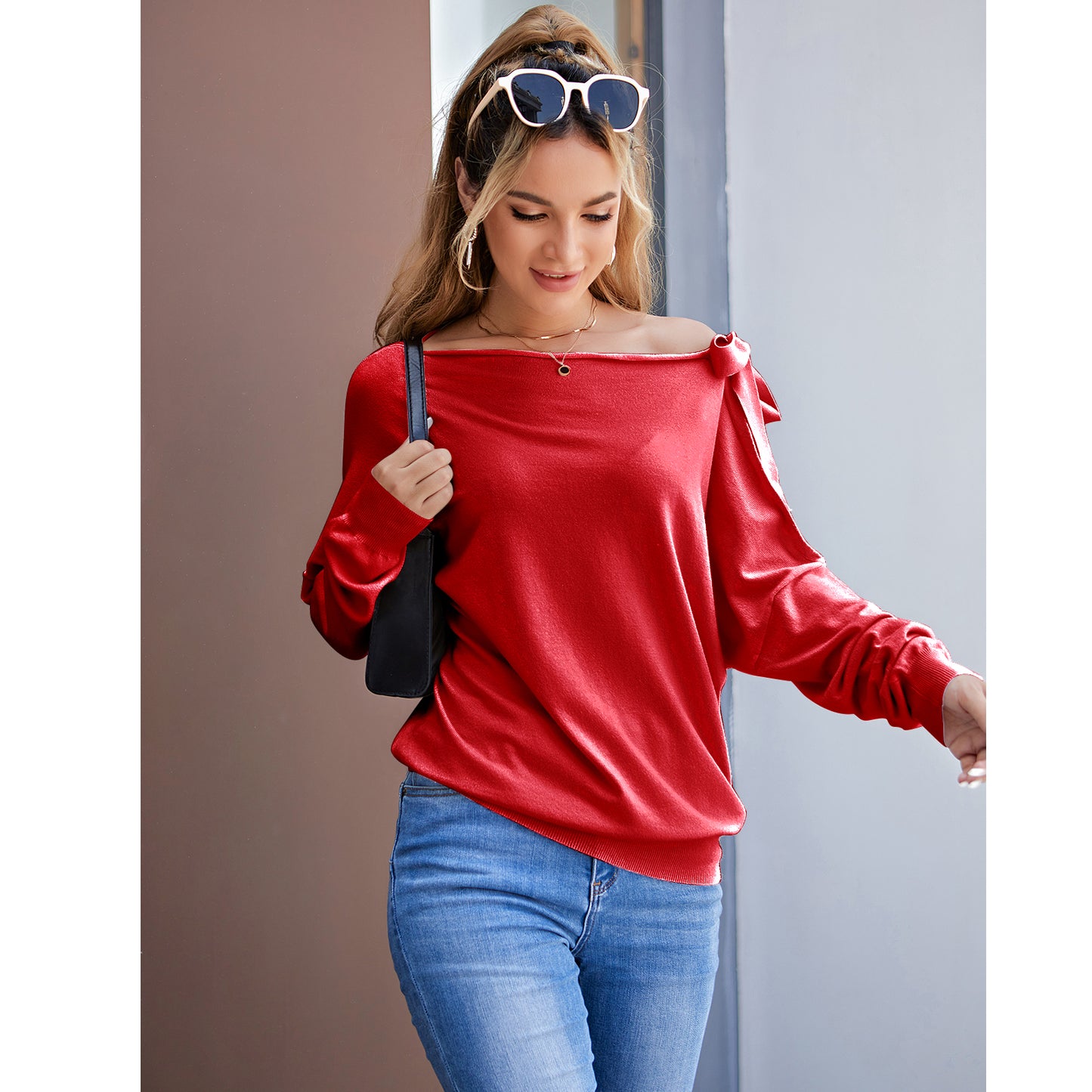 Tie Knot One Shoulder Blouse Batwing Sleeve Elegant Loose Fit Tops