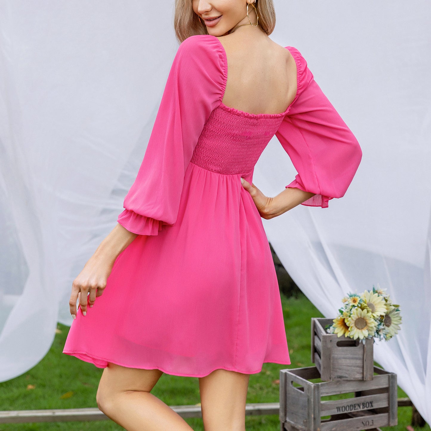 EXLURA Women’s Drawstring Mini Dress Sweetheart Neckline Smocked Flowy Dress Puff Long Sleeve Ruffle Cute Wedding Guest Dress