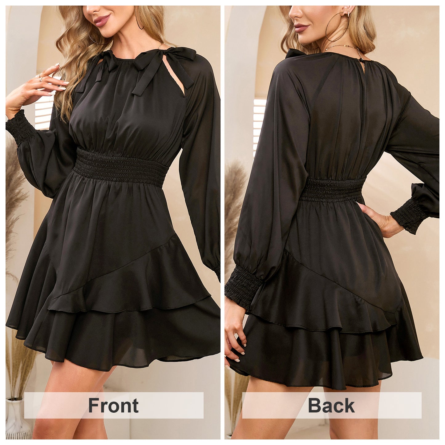 EXLURA Women’s Ruffle Mini Dress Asymmetrical Long Puff Sleeve Round Neck Smocked Dress Flowy Cocktail Wedding Guest Dress