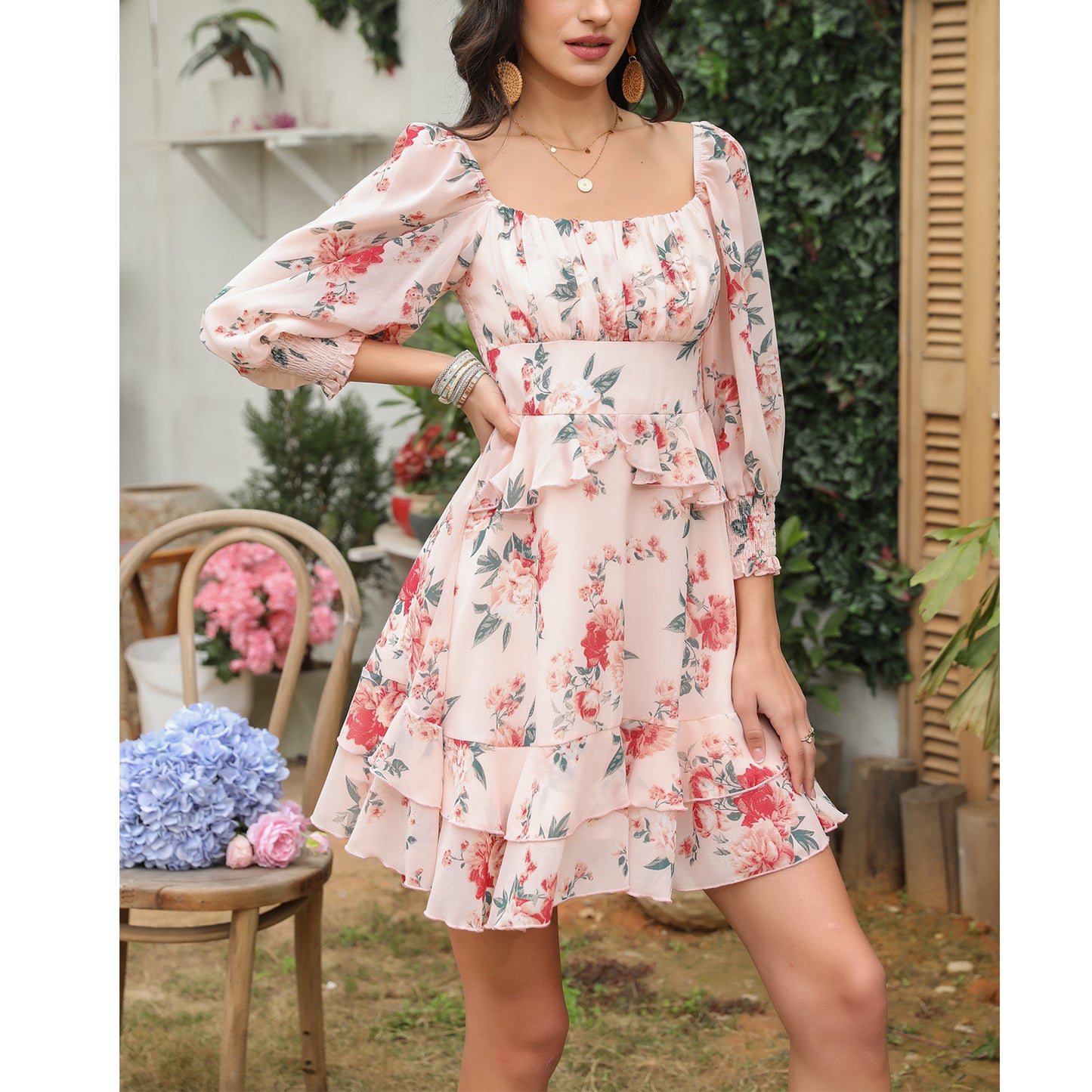 Tiered Square Neck Off Shoulder Smocked Skater  Sundress