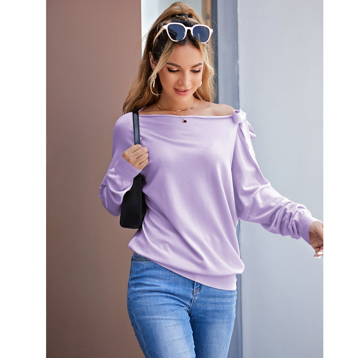 Tie Knot One Shoulder Blouse Batwing Sleeve Elegant Loose Fit Tops
