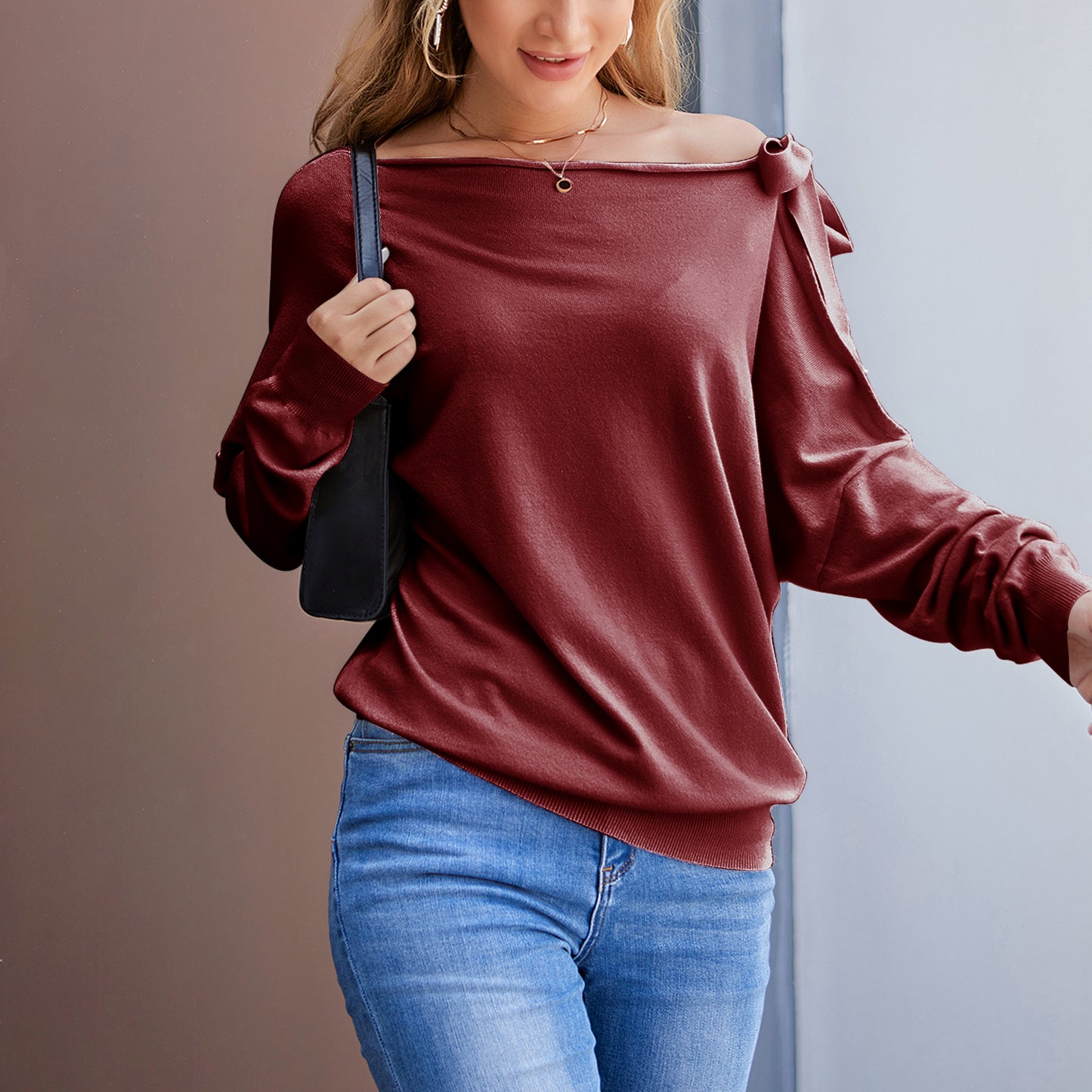 Tie Knot One Shoulder Blouse Batwing Sleeve Elegant Loose Fit Tops