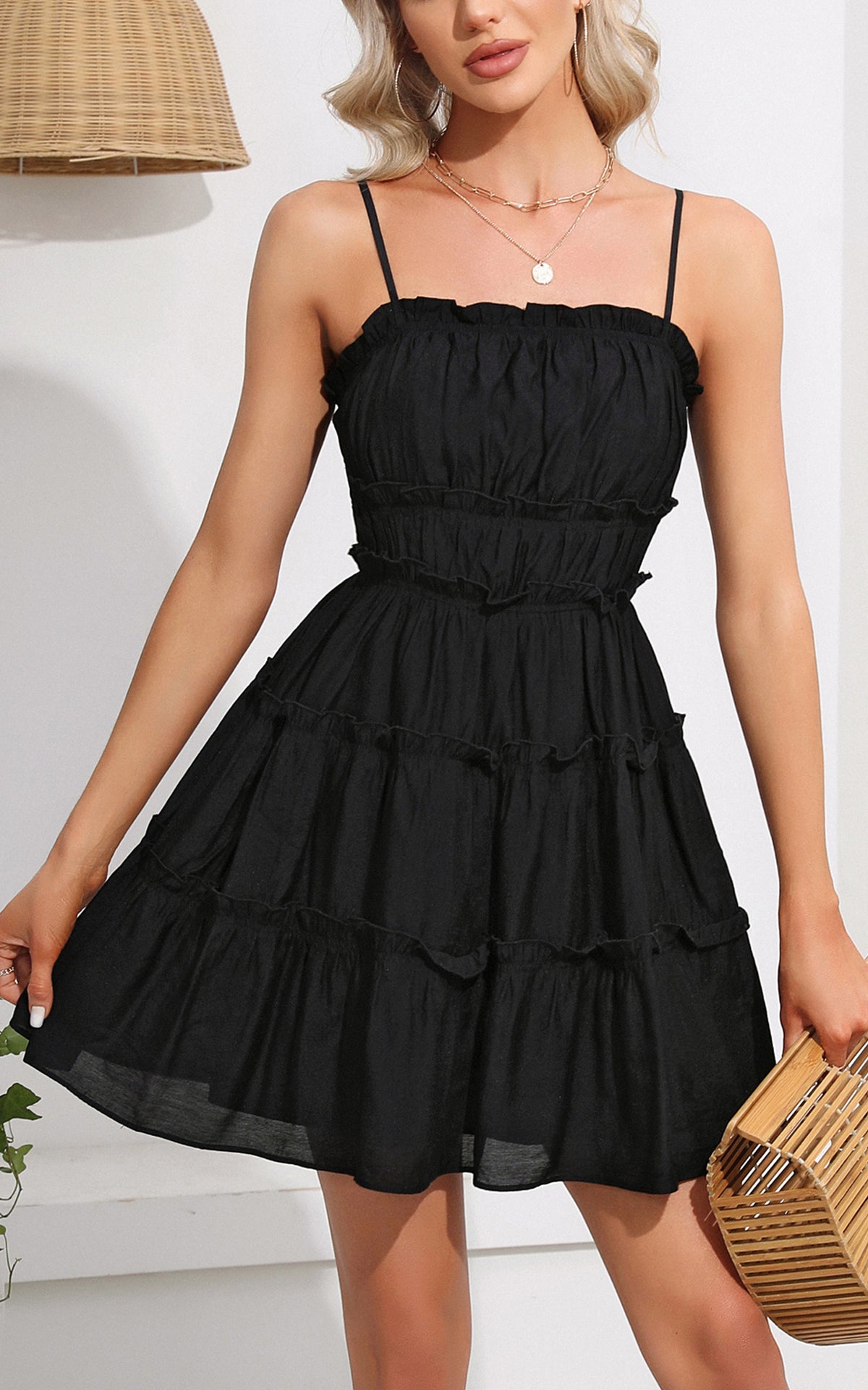 Summer Spaghetti Strap Mini Dress - Empire Waist Ruffle Smocked