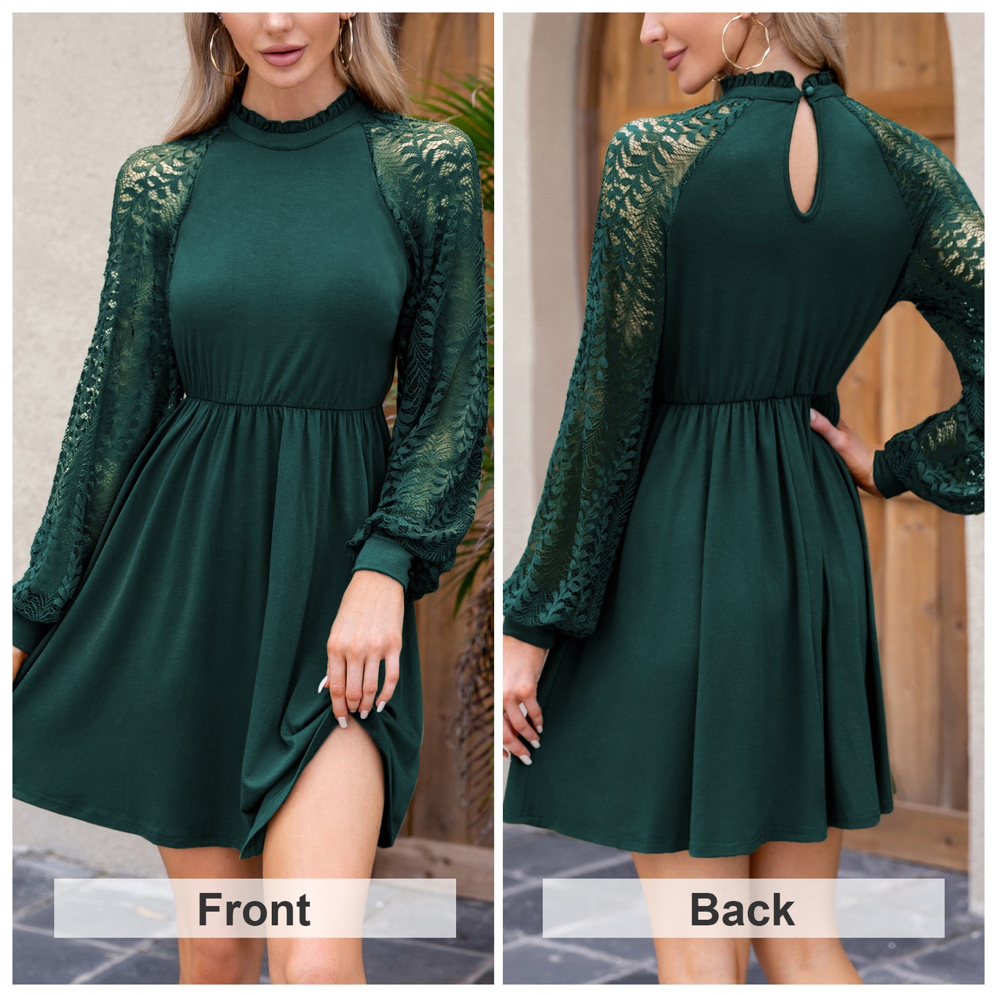 EXLURA Women’s Lace Tshirt Mini Dress Ruffle High Neck Long Puff Sleeve Swing Dress Flowy Wedding Guest Dresses