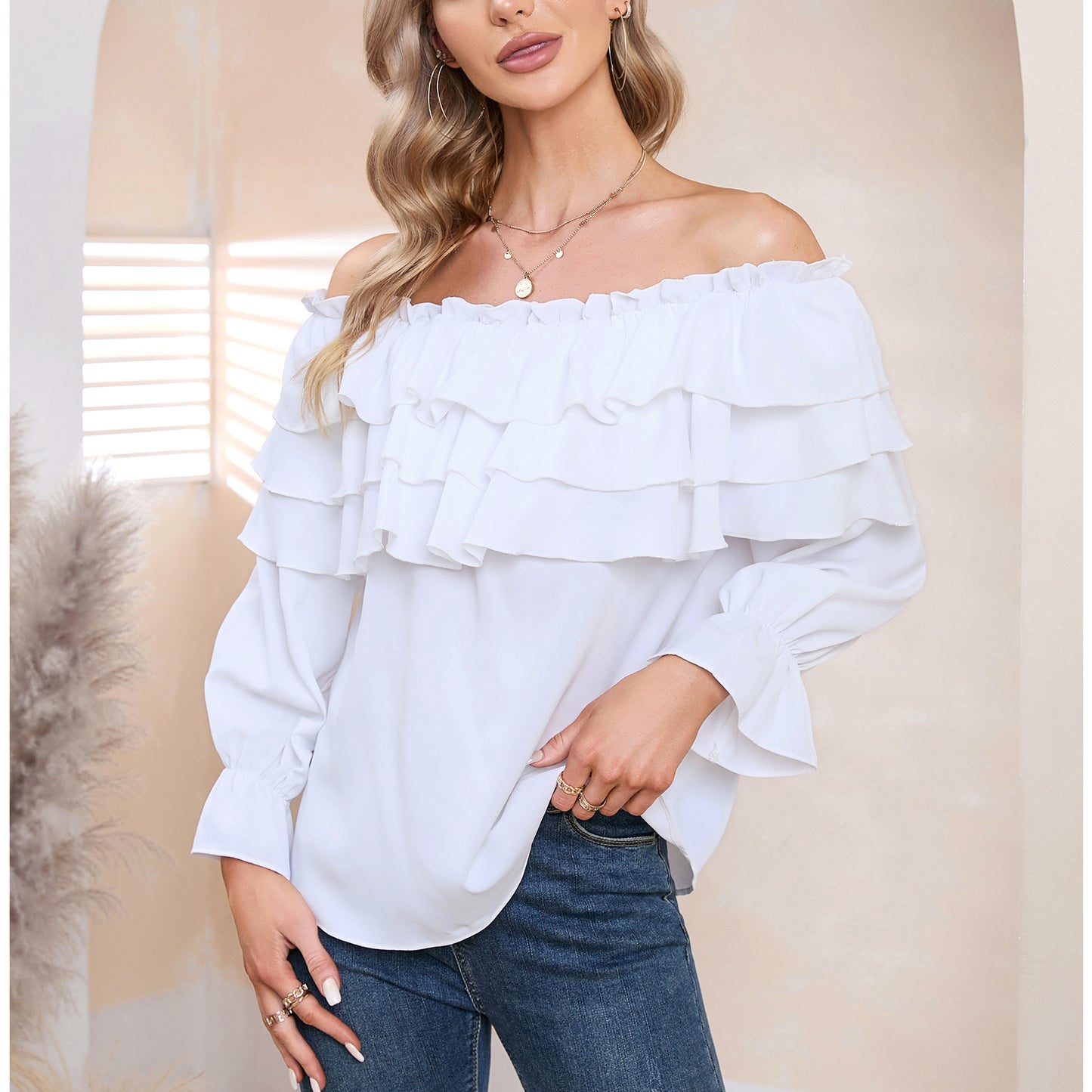Byinns Women’s Off The Shoulder Layered Ruffle Tops Long Puff Sleeve Flowy Blouses Shirts Party Dressy Tops