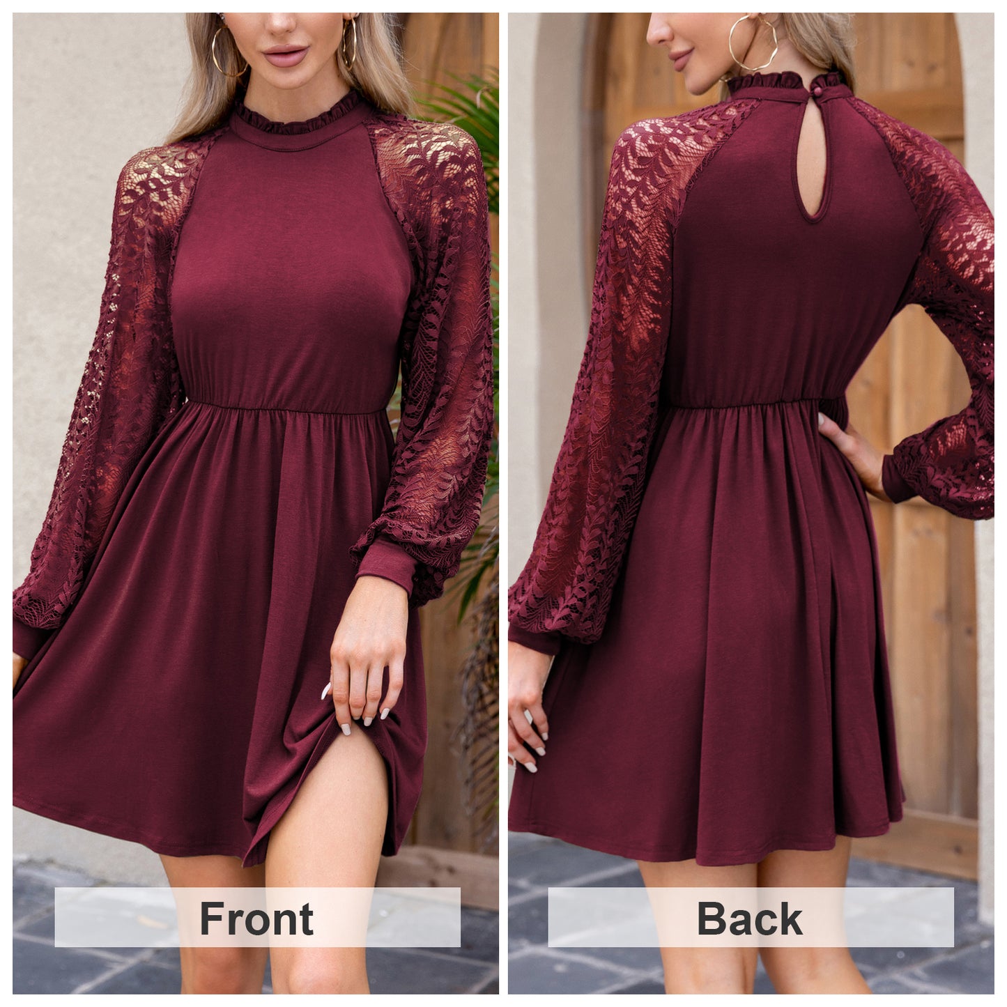 EXLURA Women’s Lace Tshirt Mini Dress Ruffle High Neck Long Puff Sleeve Swing Dress Flowy Wedding Guest Dresses