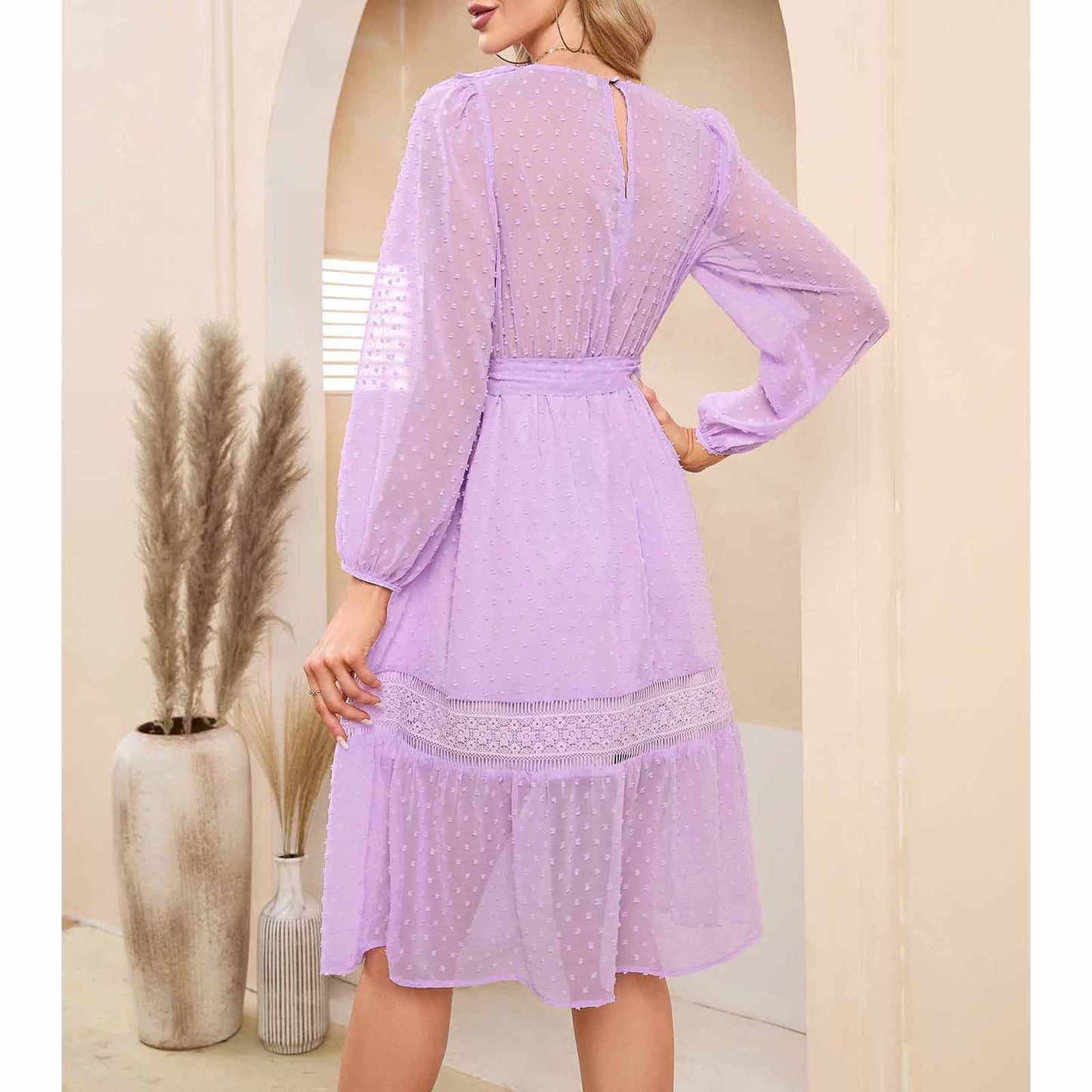 EXLURA Women’s Belted Swiss Dot V Neck Midi Dress Long Puff Sleeve Ruffle Dress Lace Patchwork Wedding Guest Dress