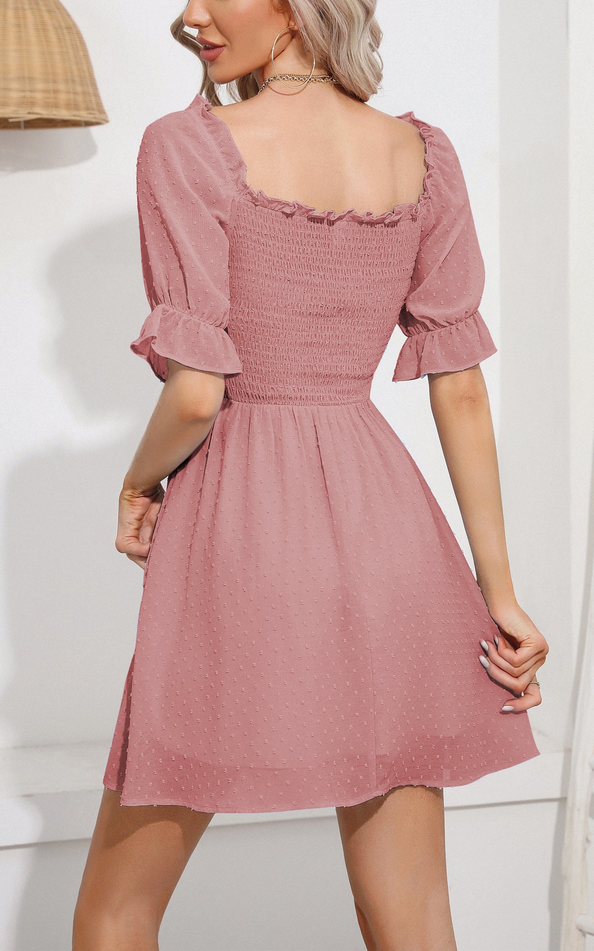 Summer Mini Dress - Sweetheart Neckline Swiss Dot Smocked Short Sleeve
