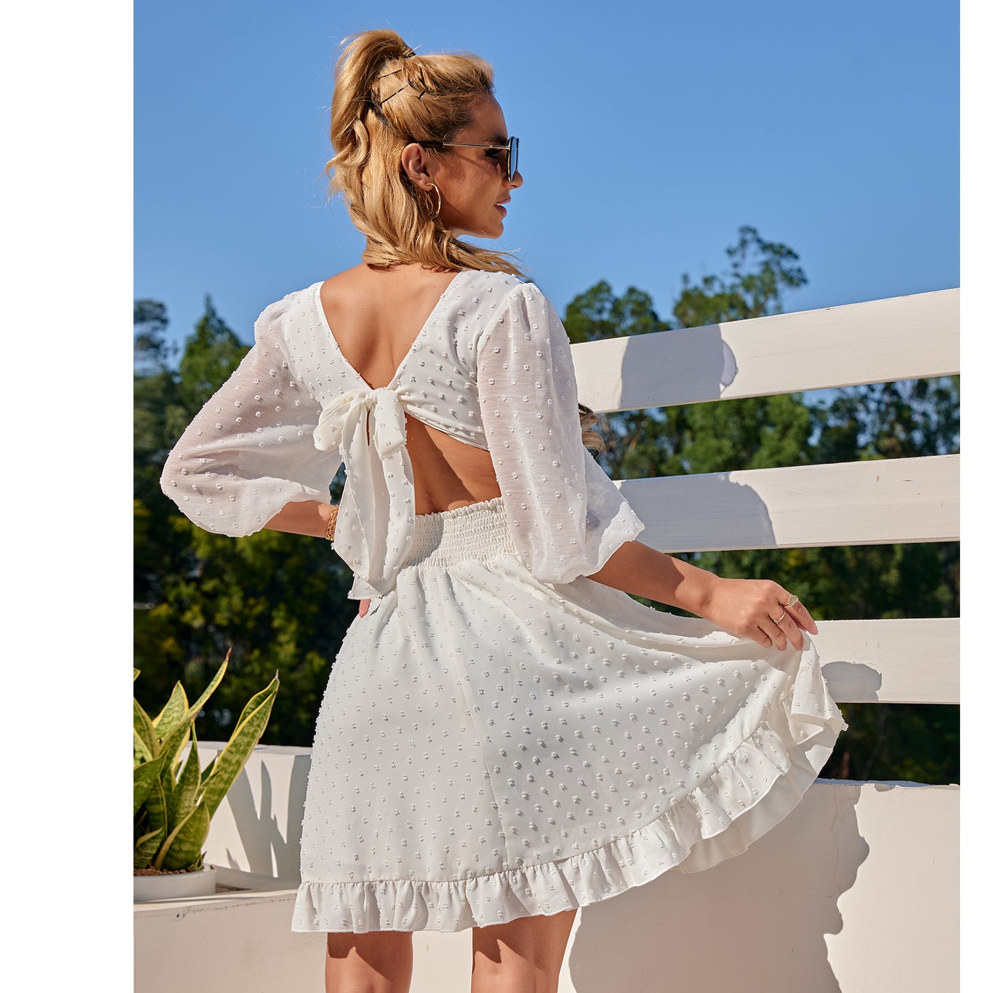 Exlura Women’s Puff 3/4 Sleeve V Neck Dress Ruffle High Waist Tie Back Backless Swiss Dot Keyhole Mini Dress