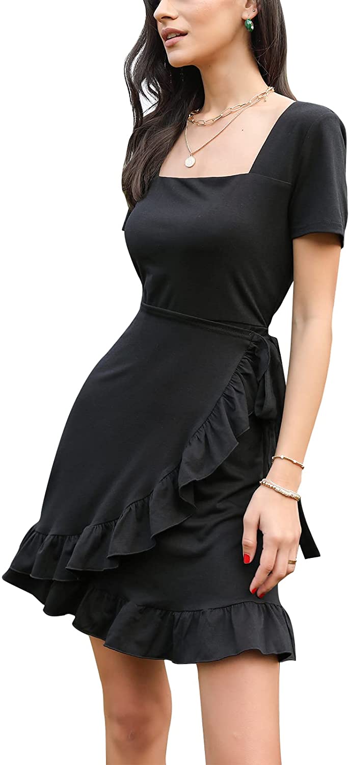 Byinns Womens Square Neck Ruffle Hem Dress Short Sleeve A Line Swing Shirred Wrap Asymmetrical Tie Back Casual Mini Dresses