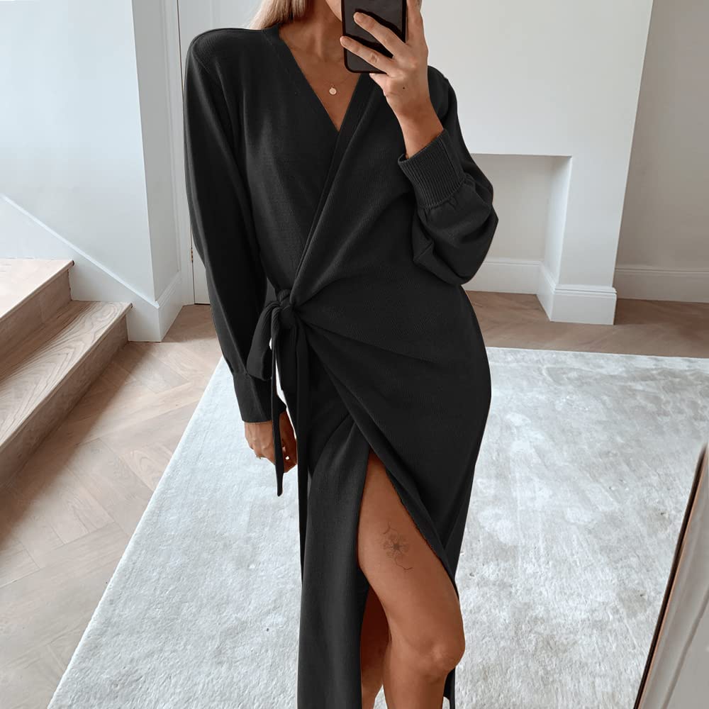 EXLURA Womens Knit Sweater Dress Casual Solid Long Sleeve Wrap Maxi Dresses with Belt