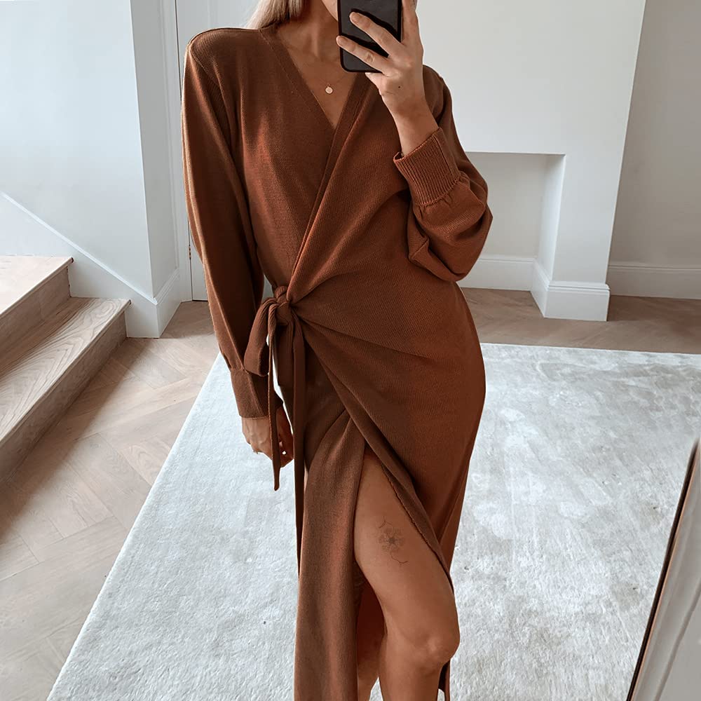 EXLURA Womens Knit Sweater Dress Casual Solid Long Sleeve Wrap Maxi Dresses with Belt