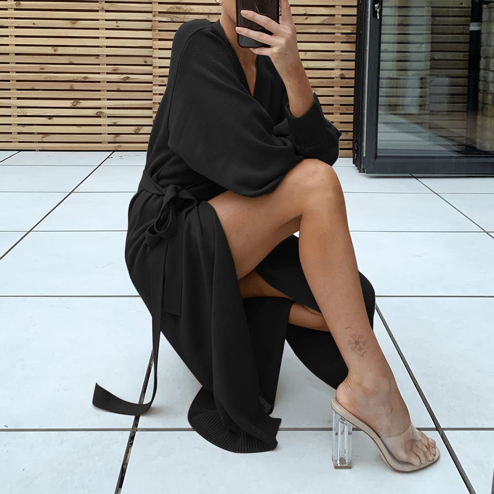 EXLURA Womens Knit Sweater Dress Casual Solid Long Sleeve Wrap Maxi Dresses with Belt