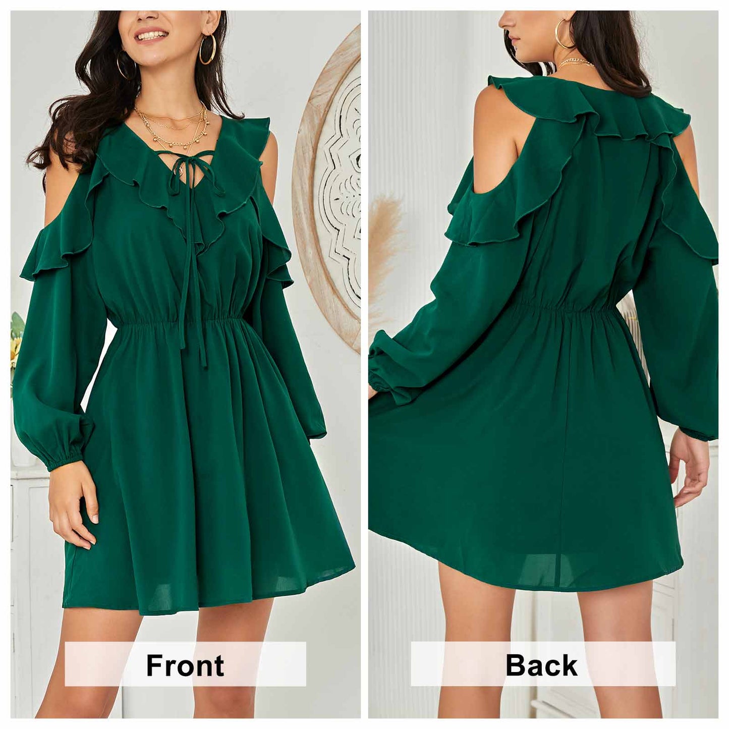 Exlura Women’s Ruffle Swing Mini Dress Cold Shoulder V Neck Long Sleeve Dress Cute Bridal Shower Wedding Guest Dress