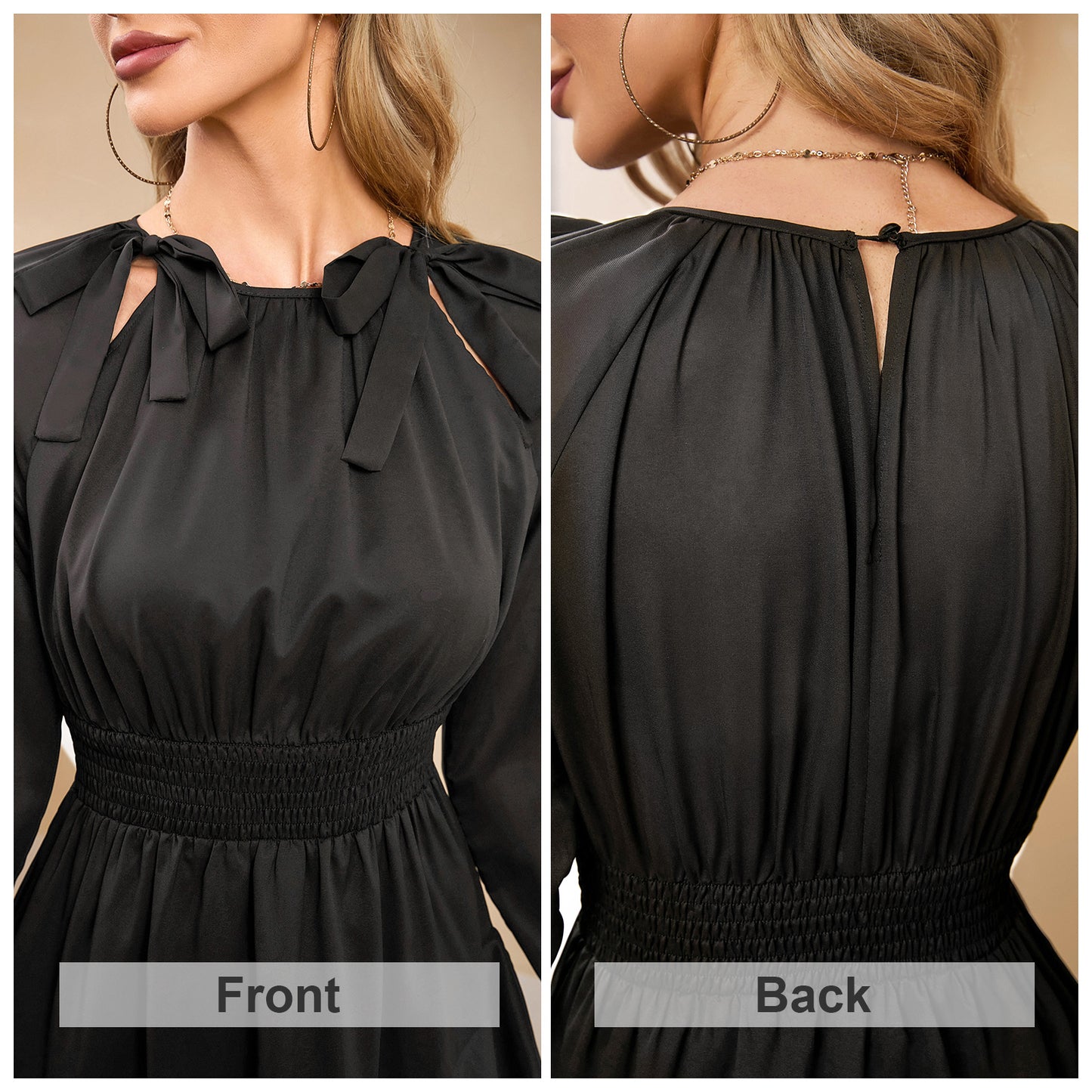 EXLURA Women’s Ruffle Mini Dress Asymmetrical Long Puff Sleeve Round Neck Smocked Dress Flowy Cocktail Wedding Guest Dress