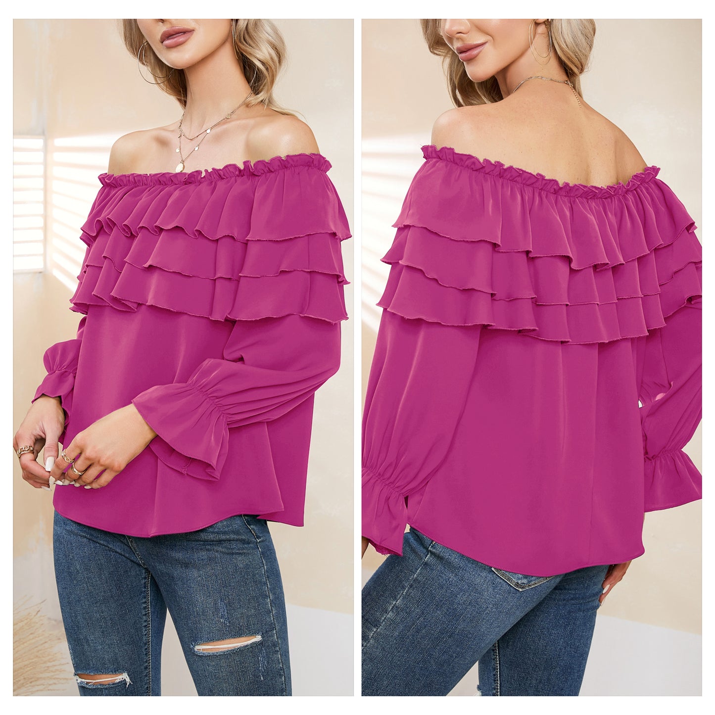 Byinns Women’s Off The Shoulder Layered Ruffle Tops Long Puff Sleeve Flowy Blouses Shirts Party Dressy Tops