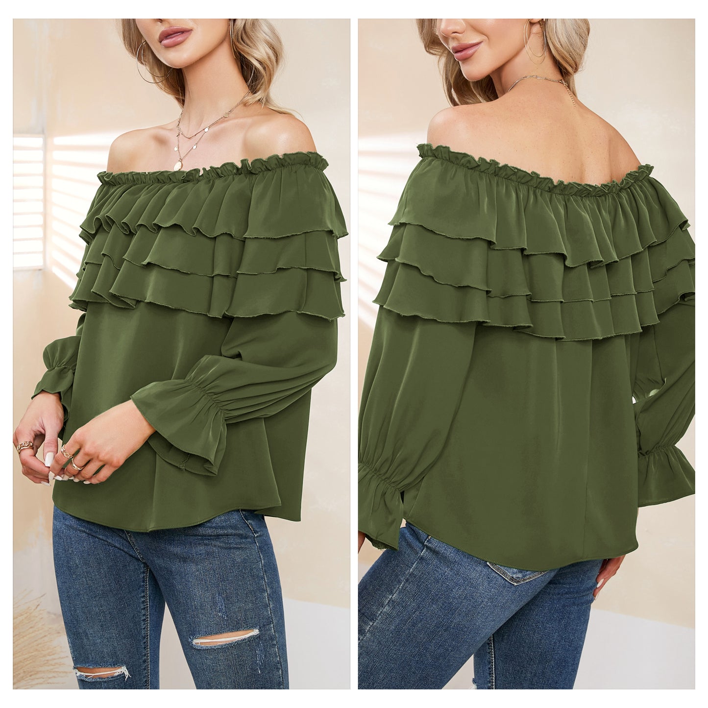 Byinns Women’s Off The Shoulder Layered Ruffle Tops Long Puff Sleeve Flowy Blouses Shirts Party Dressy Tops