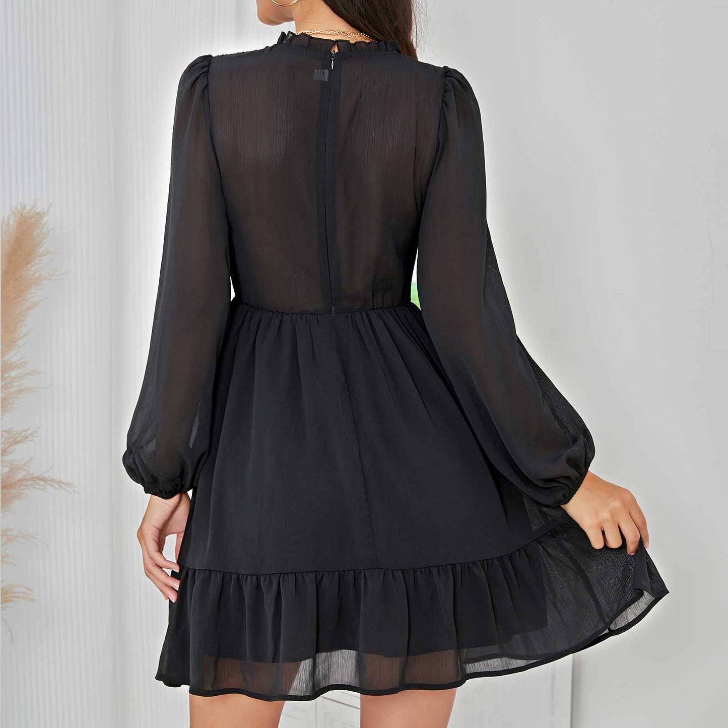 Exlura Women’s Vintage Mini Dress Round Neck Long Lantern Sleeve Ruffle Dress Cute Babydoll Casual Dresses