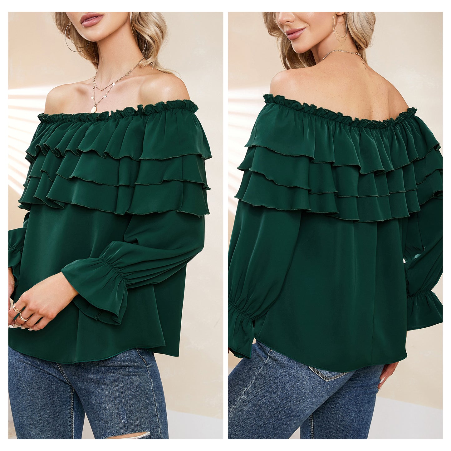 Byinns Women’s Off The Shoulder Layered Ruffle Tops Long Puff Sleeve Flowy Blouses Shirts Party Dressy Tops