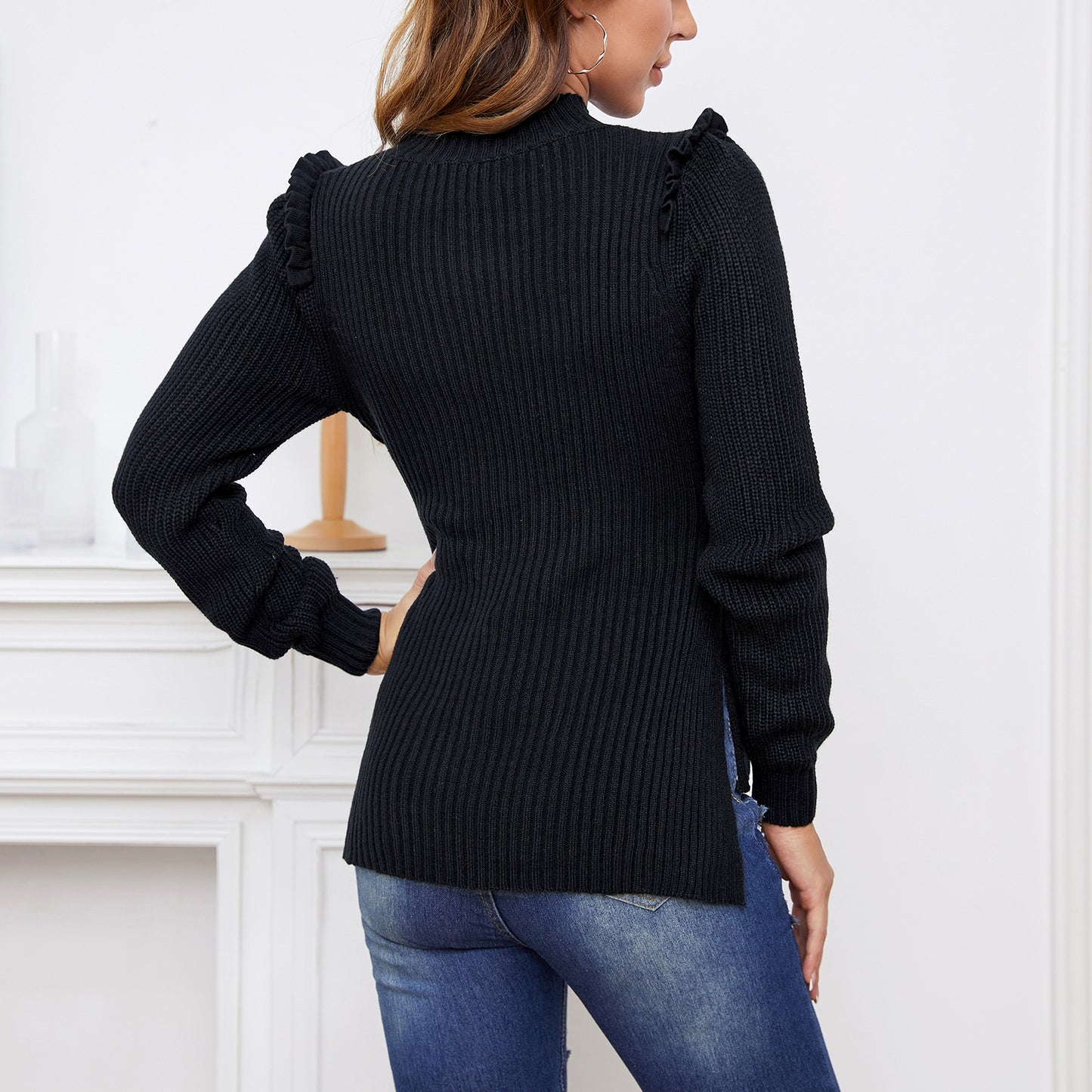 EXLURA Women’s Tie Front Pullover Sweater Mock Neck Ruffle Long Sleeve Cute Sweaters Casual Trendy Dressy Tops Jumpers