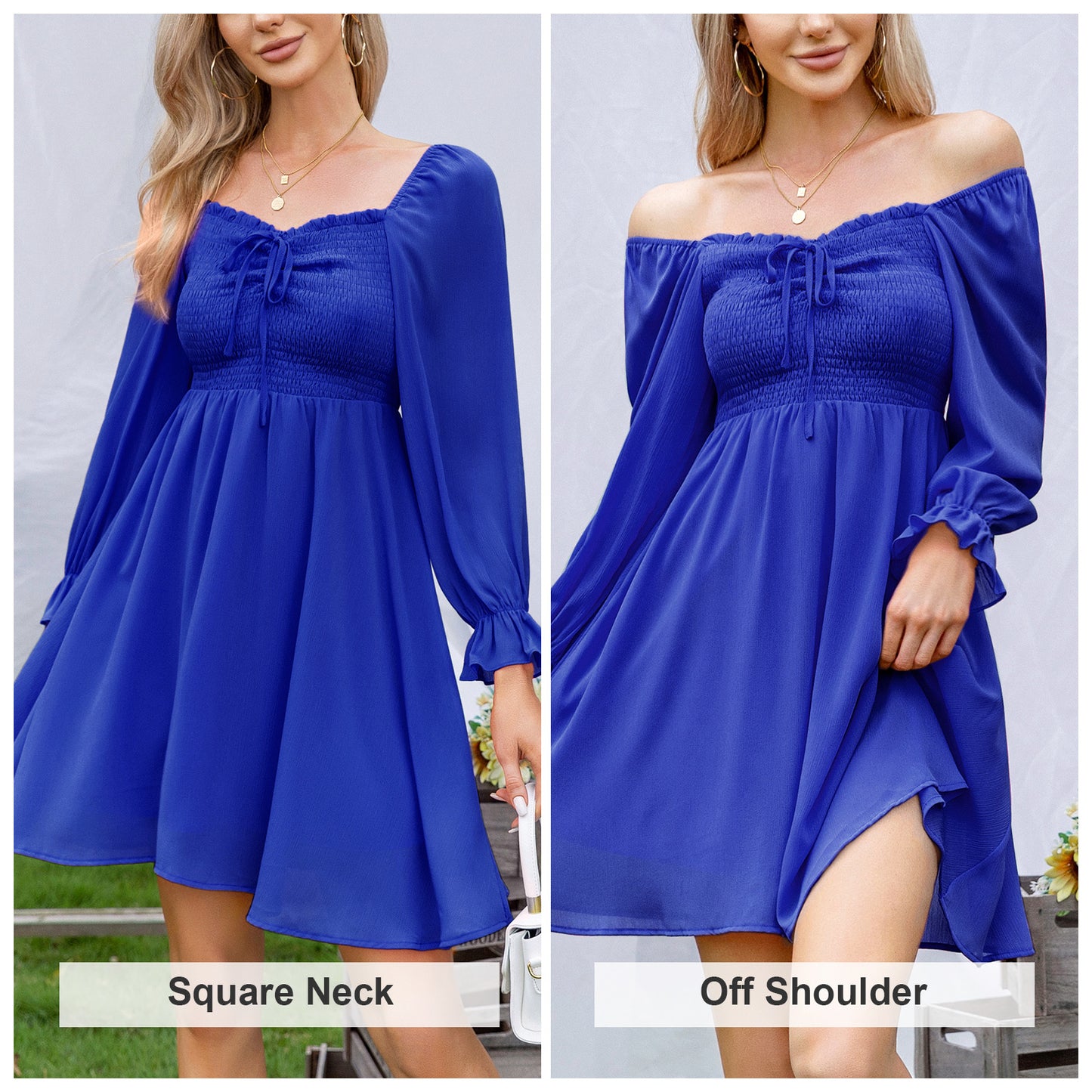 EXLURA Women’s Drawstring Mini Dress Sweetheart Neckline Smocked Flowy Dress Puff Long Sleeve Ruffle Cute Wedding Guest Dress